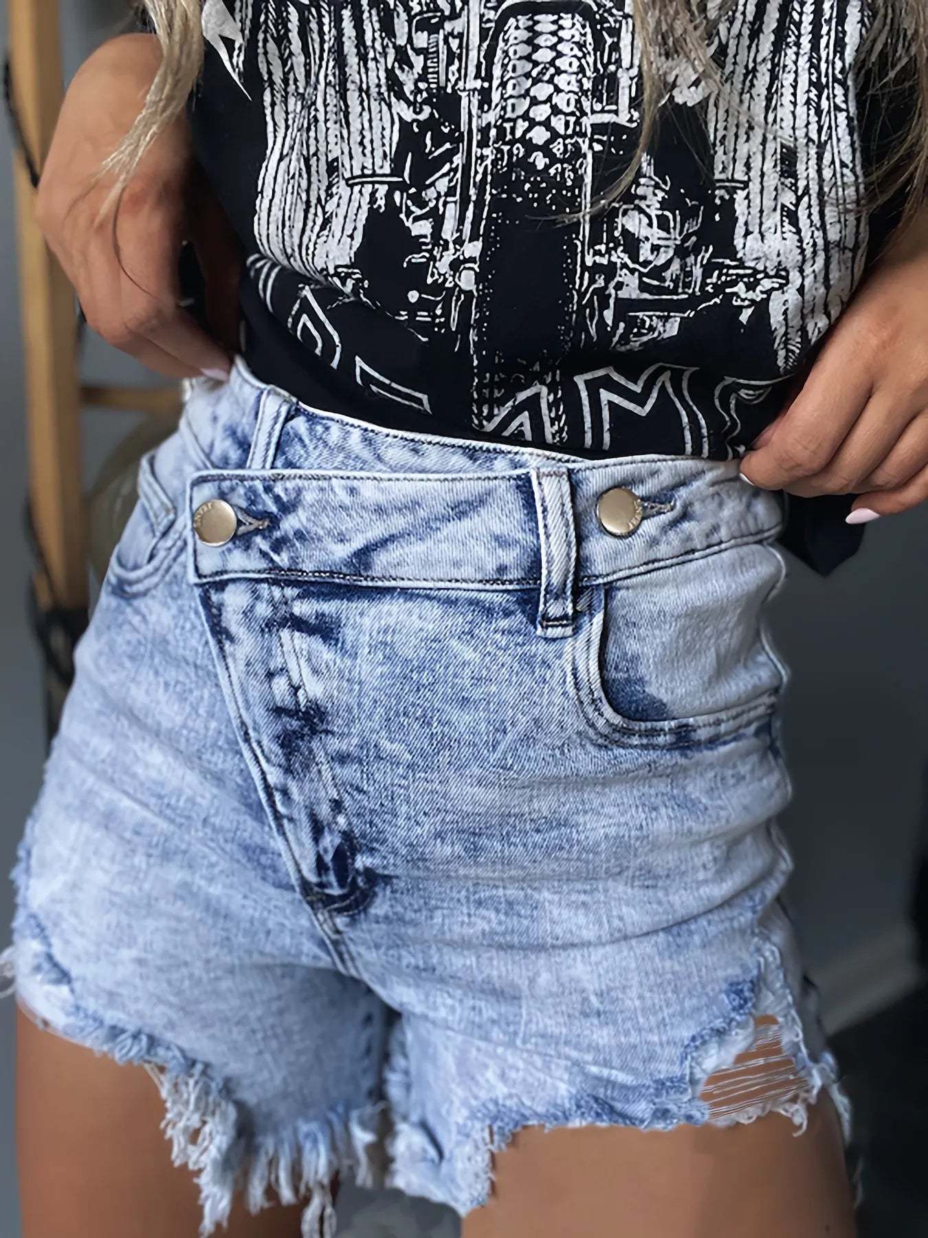 High Waisted Distressed Denim Shorts with Frayed Hem