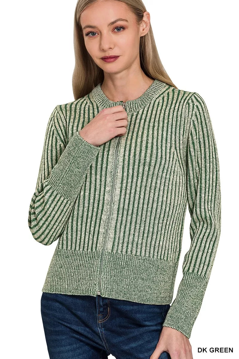 Zenana Ribbed Two Tone Zip Up Sweater Cardigan