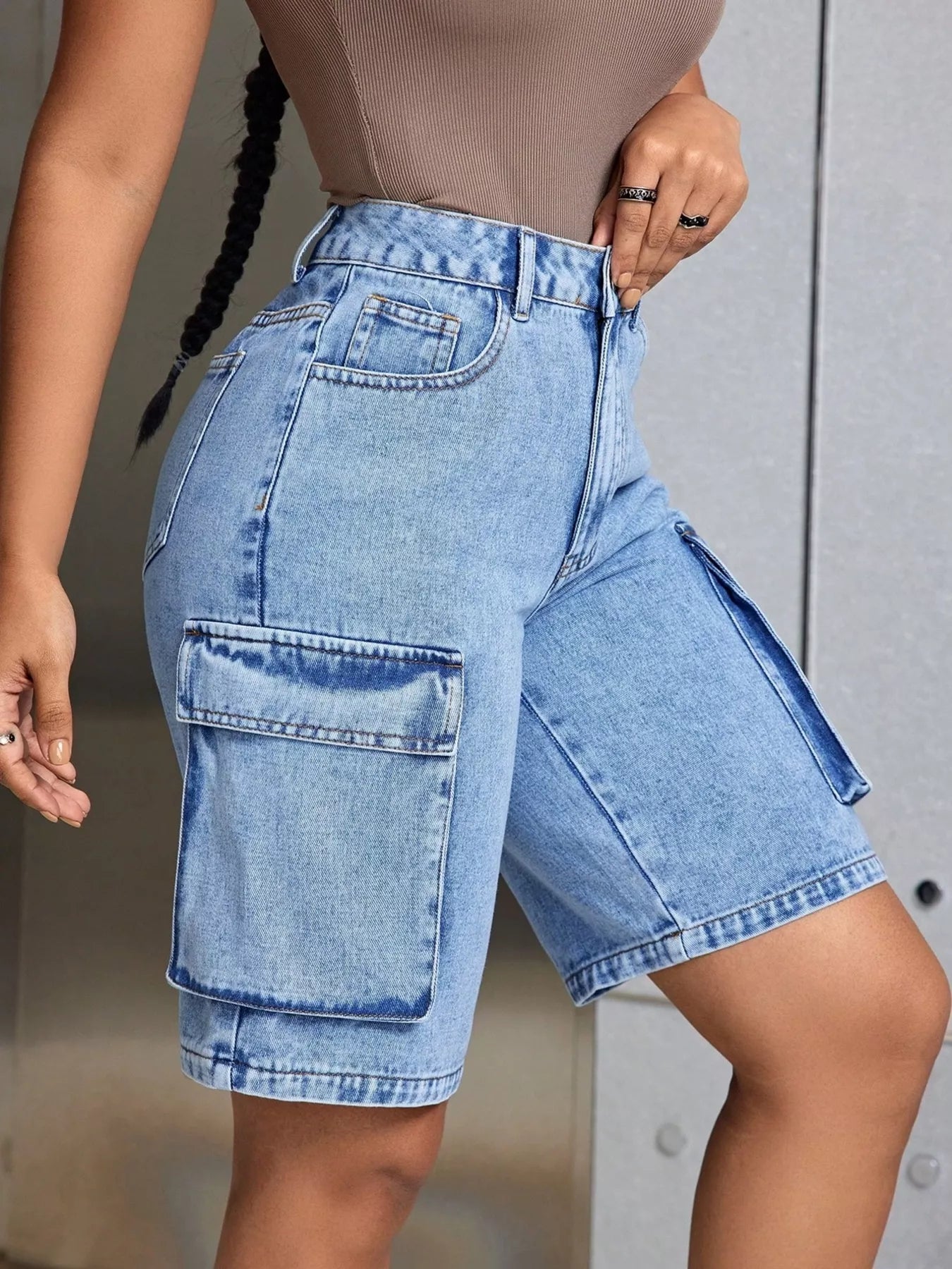 High-Waisted Cargo Denim Shorts