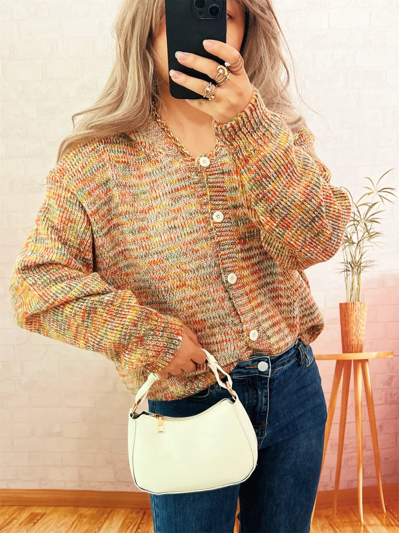 Multi-Colored Knit Button-Down Cardigan