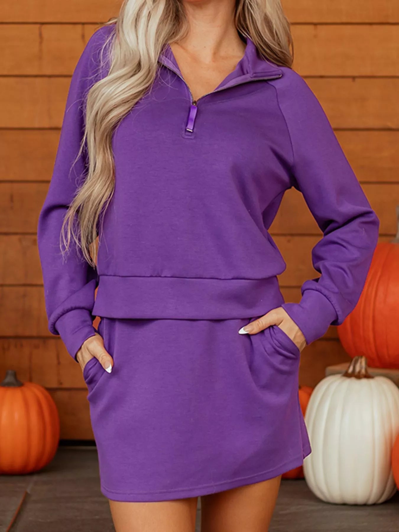 Half Zip Long Sleeve Top and Mini Skirt 2pcs Outfit