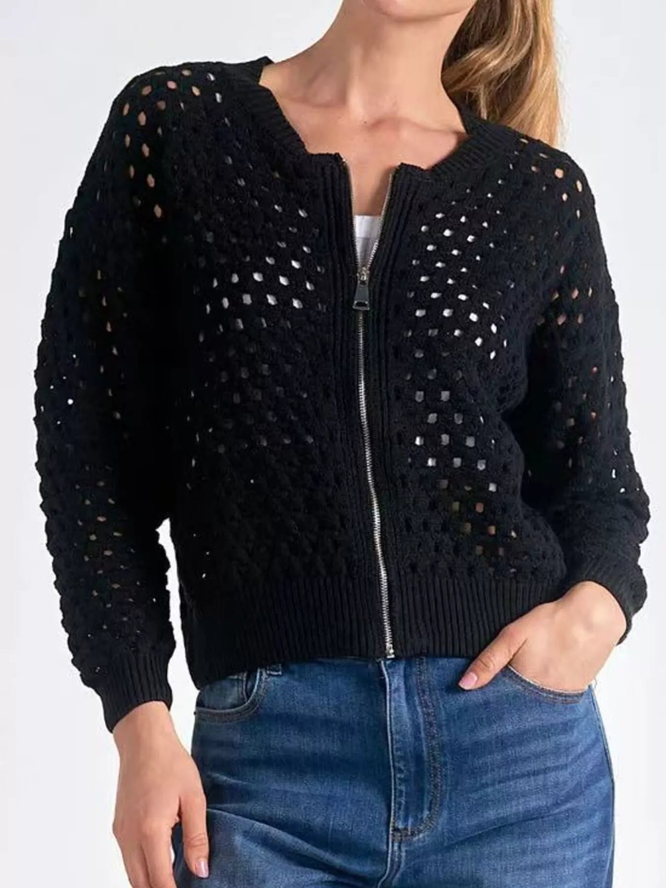 Full Size Zip Up Long Sleeve Cardigan with Eyelet Detail Plus Size