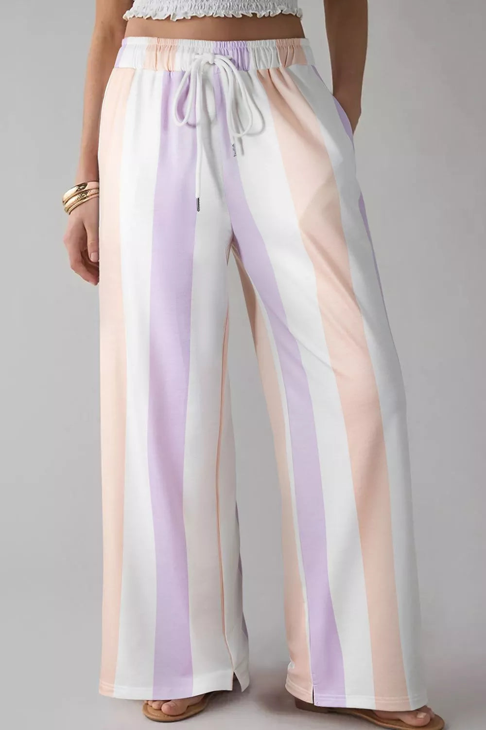 Stripe Multicolored Print Drawstring Loose Pants with Side Pockets