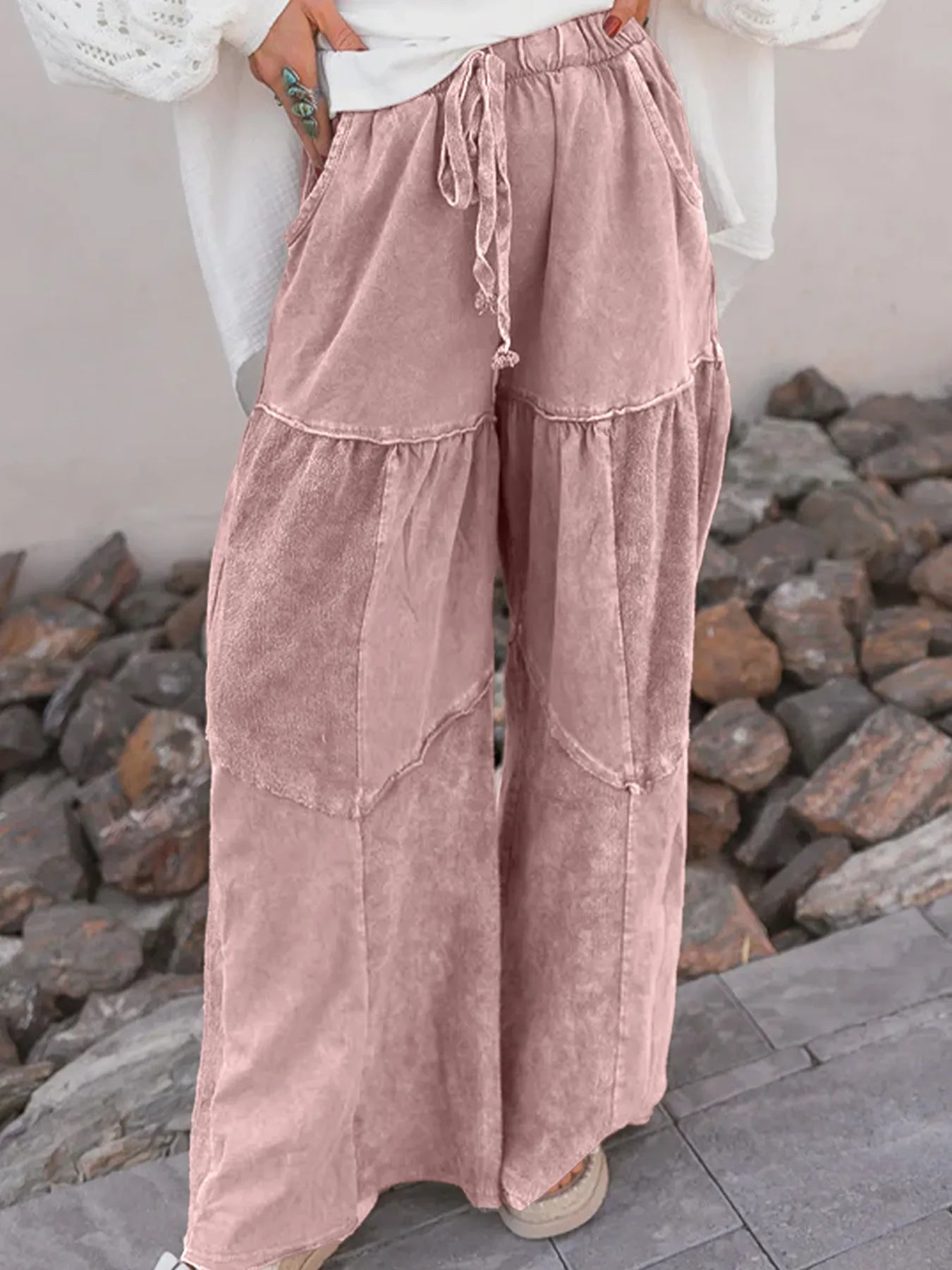Mineral Wash Tiered Wide Leg Patchwork Drawstring Pants