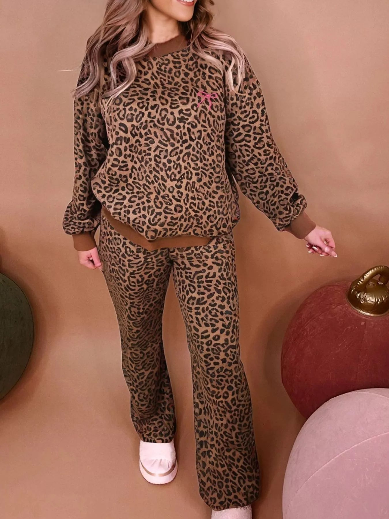 Leopard Print Contrast Trim Long Sleeve Top and Pants Set