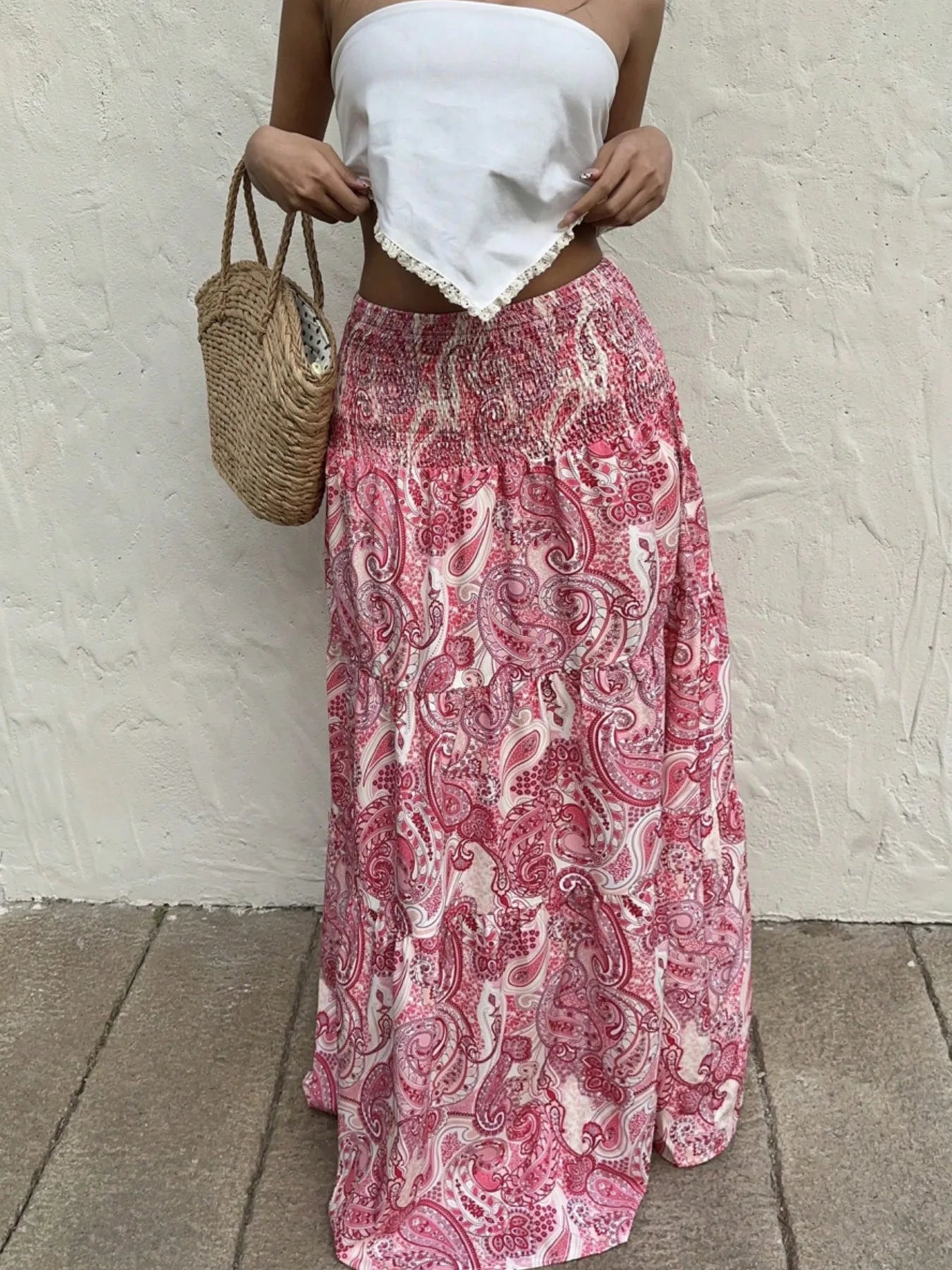 Smocked Printed Maxi Skirt