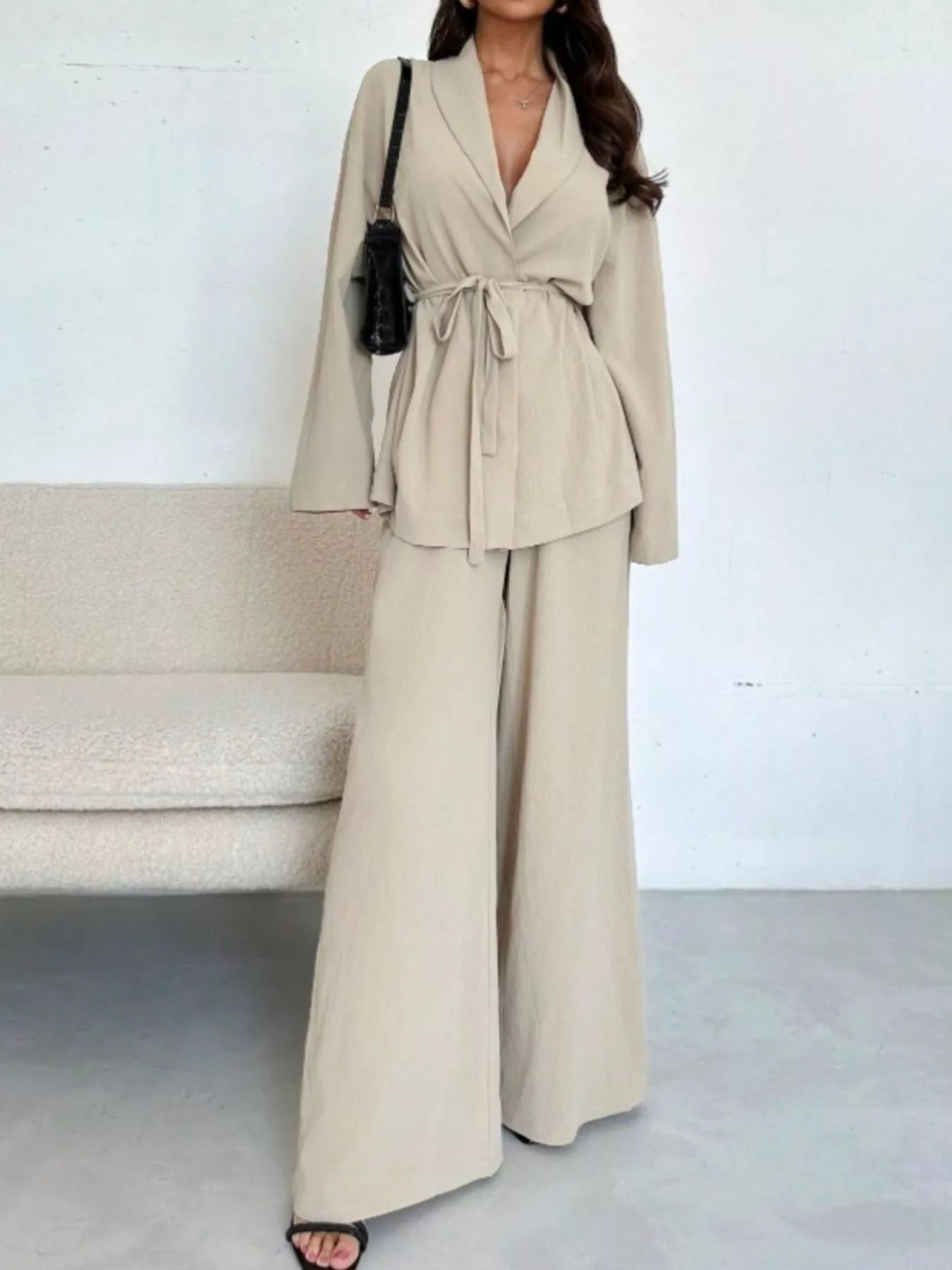 Front Tied Shirt and Wide-Leg Pants Set