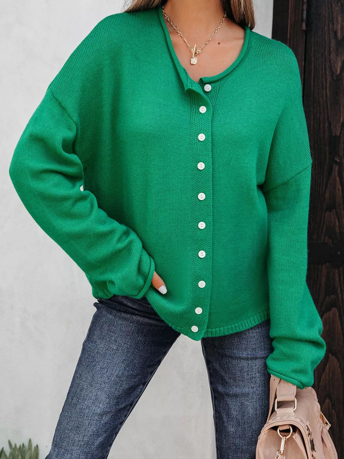 Solid Color Knit Button Drop Shoulder Sweater Cardigan