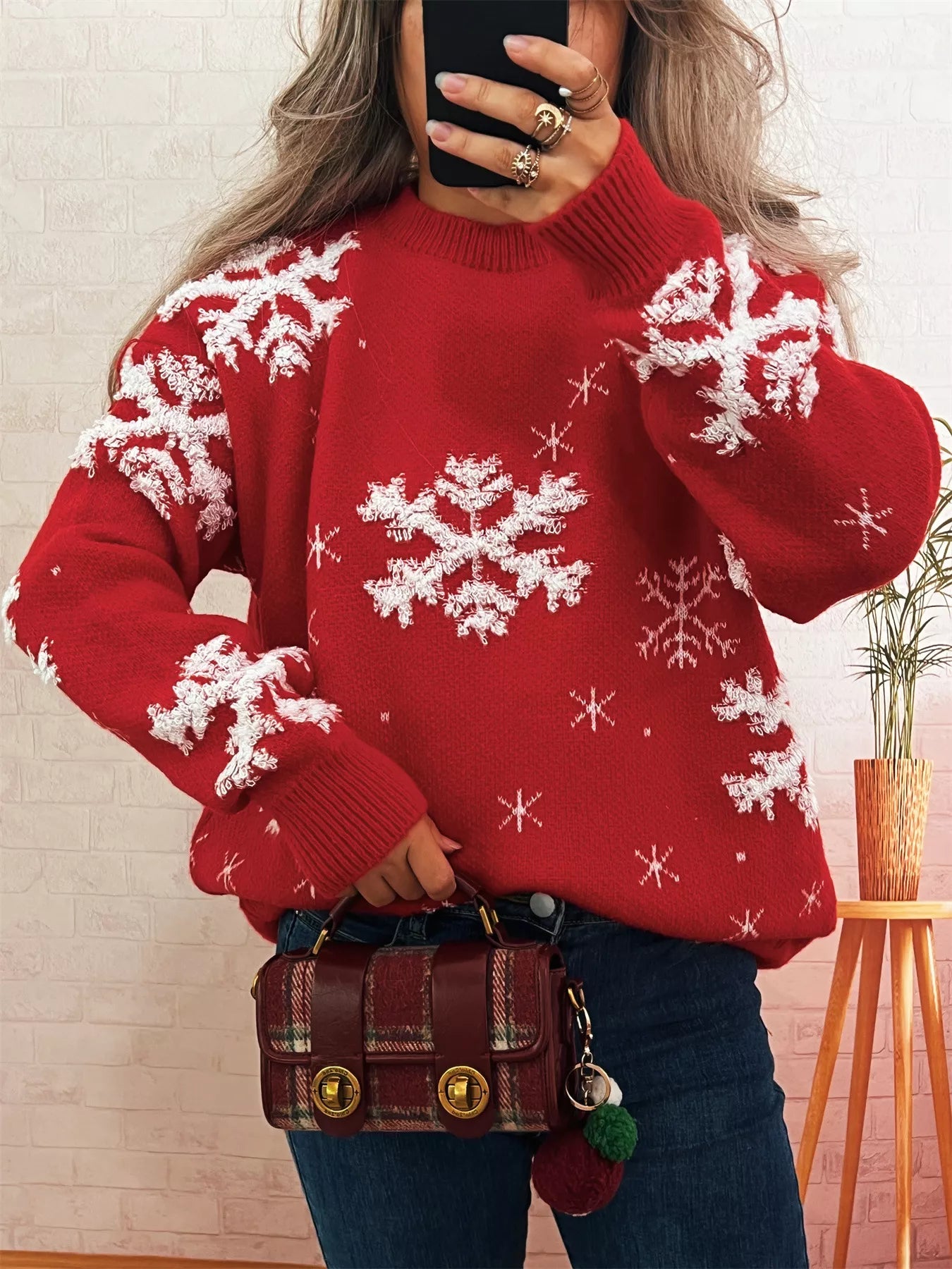 Snowflake Ribbed Hem Long Sleeve Sweater