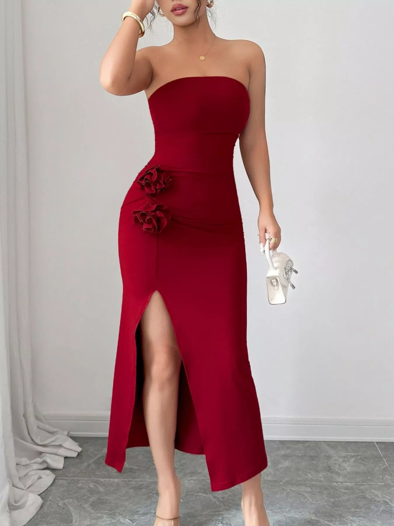 Front Split Strapless Dress with Floral Detail