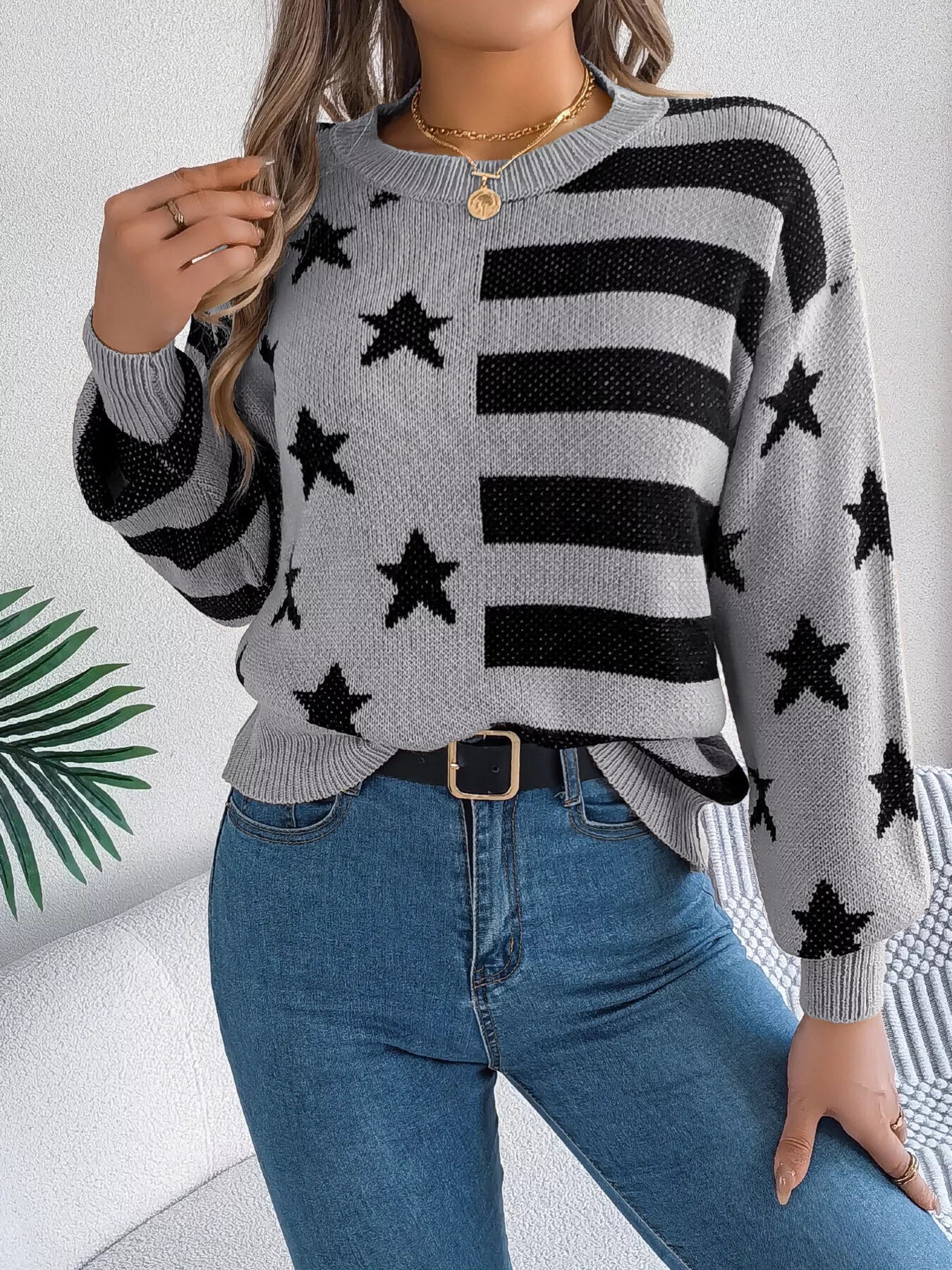 Stars and Stripes Pattern Casual Round Neck Sweater