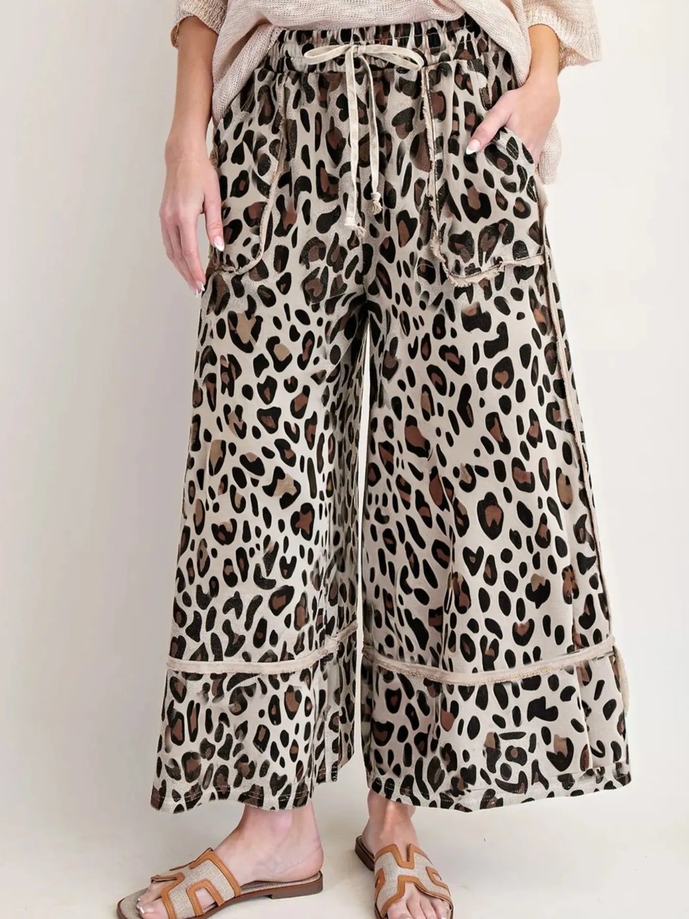 Leopard Print Wide Leg Drawstring Pants