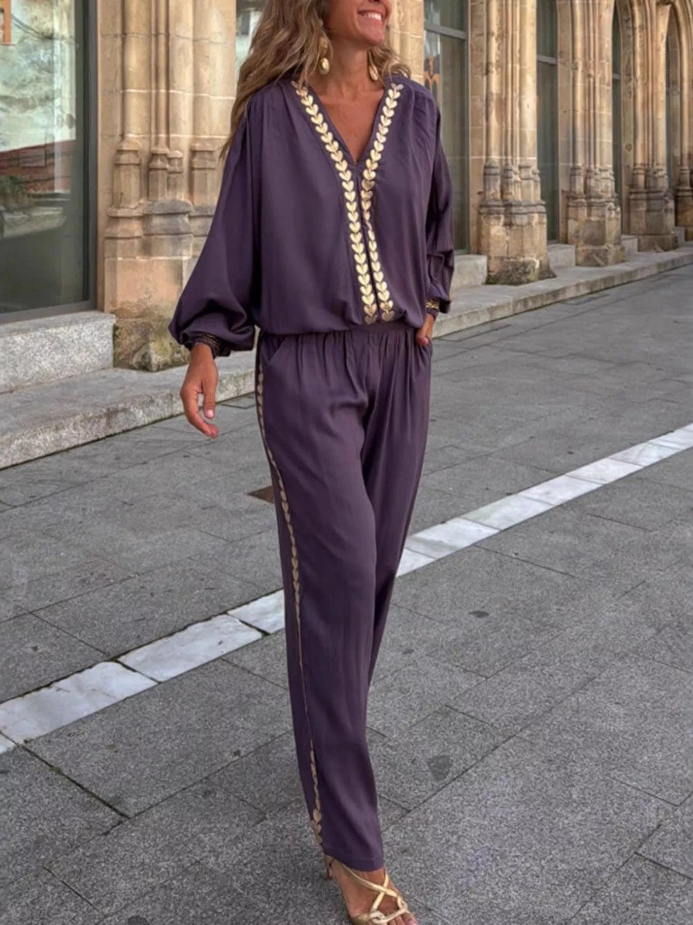 Full Size Contrast Trim V-Neck Top and Pants Set Plus Size