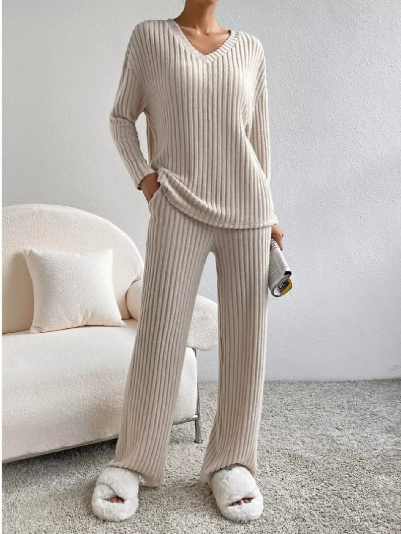 Ribbed Knit Long Sleeve Top and Pants Set