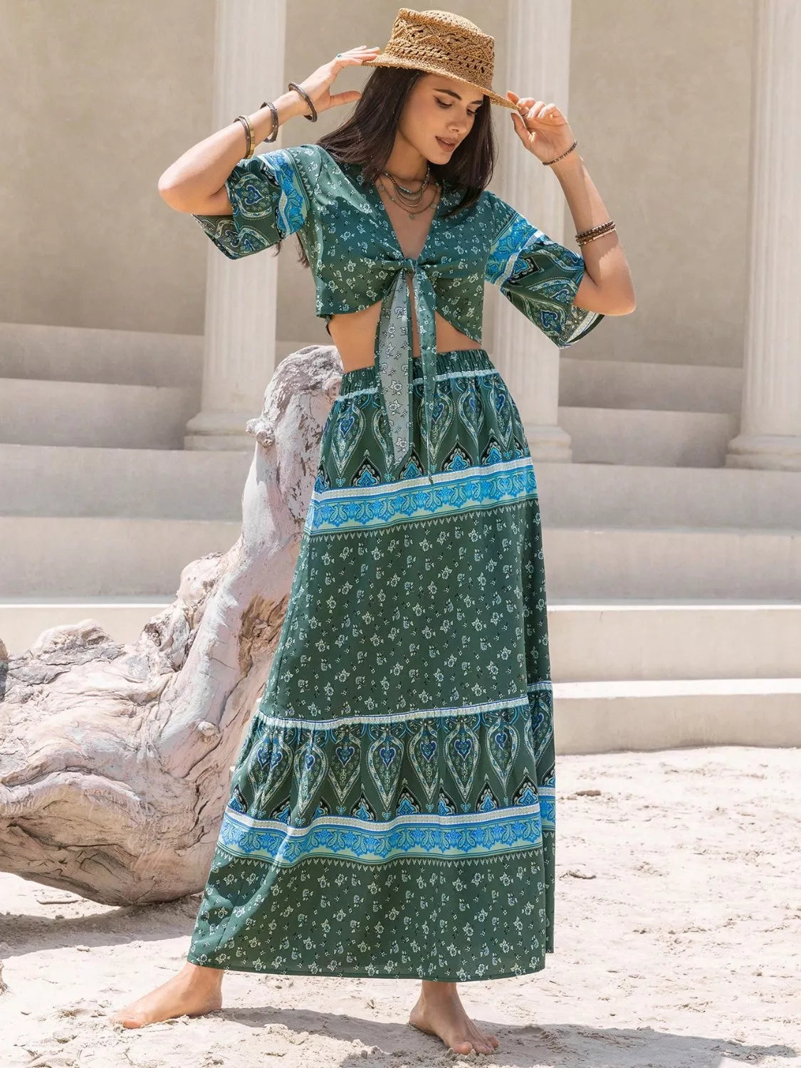 Tie Front Half Sleeve Top and Skirt Set