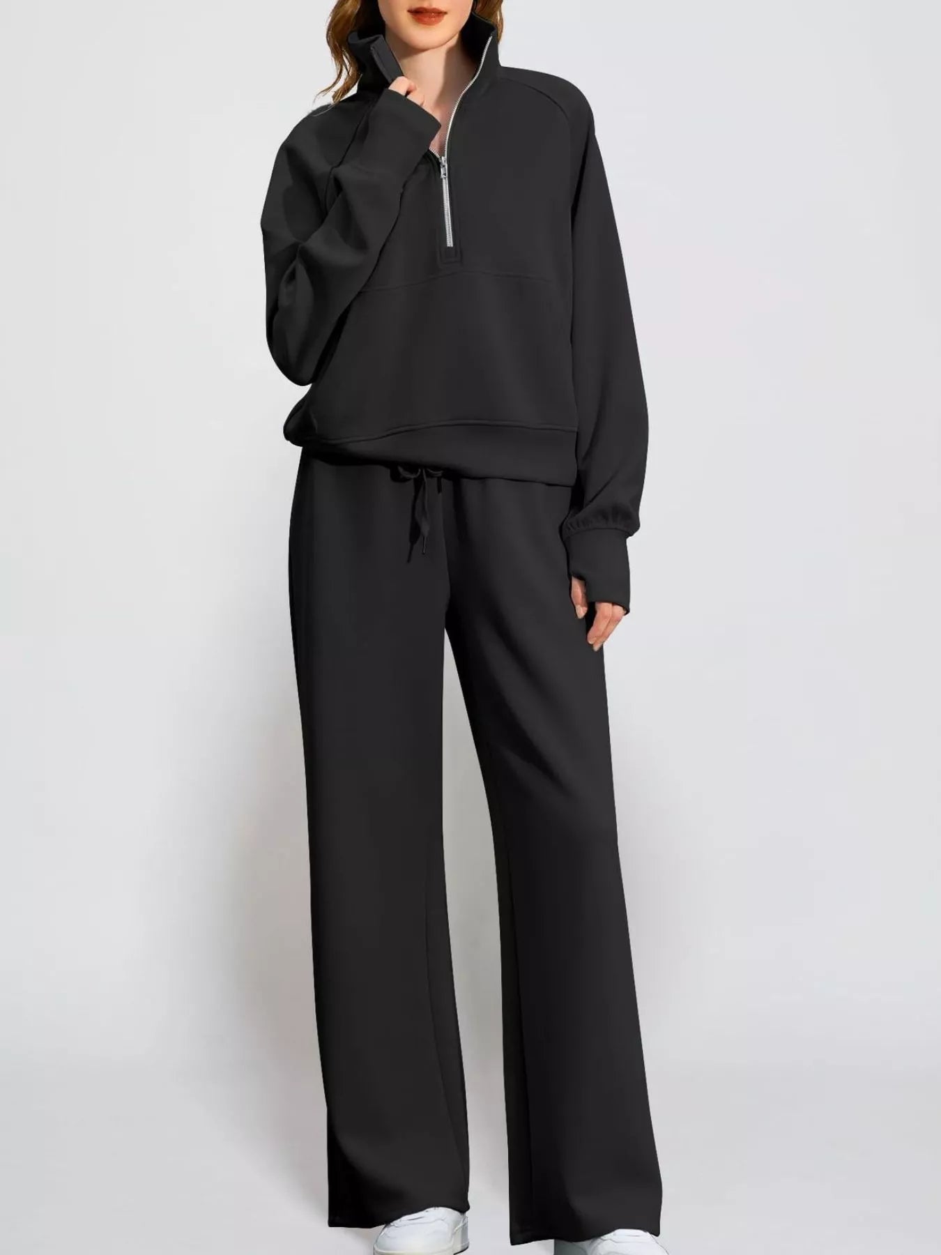 Full Size Half-Zip Sweatshirt and Wide-Leg Pants Set Plus Size