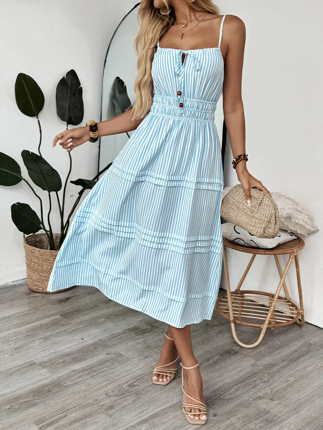 Striped Spaghetti Strap Midi Dress