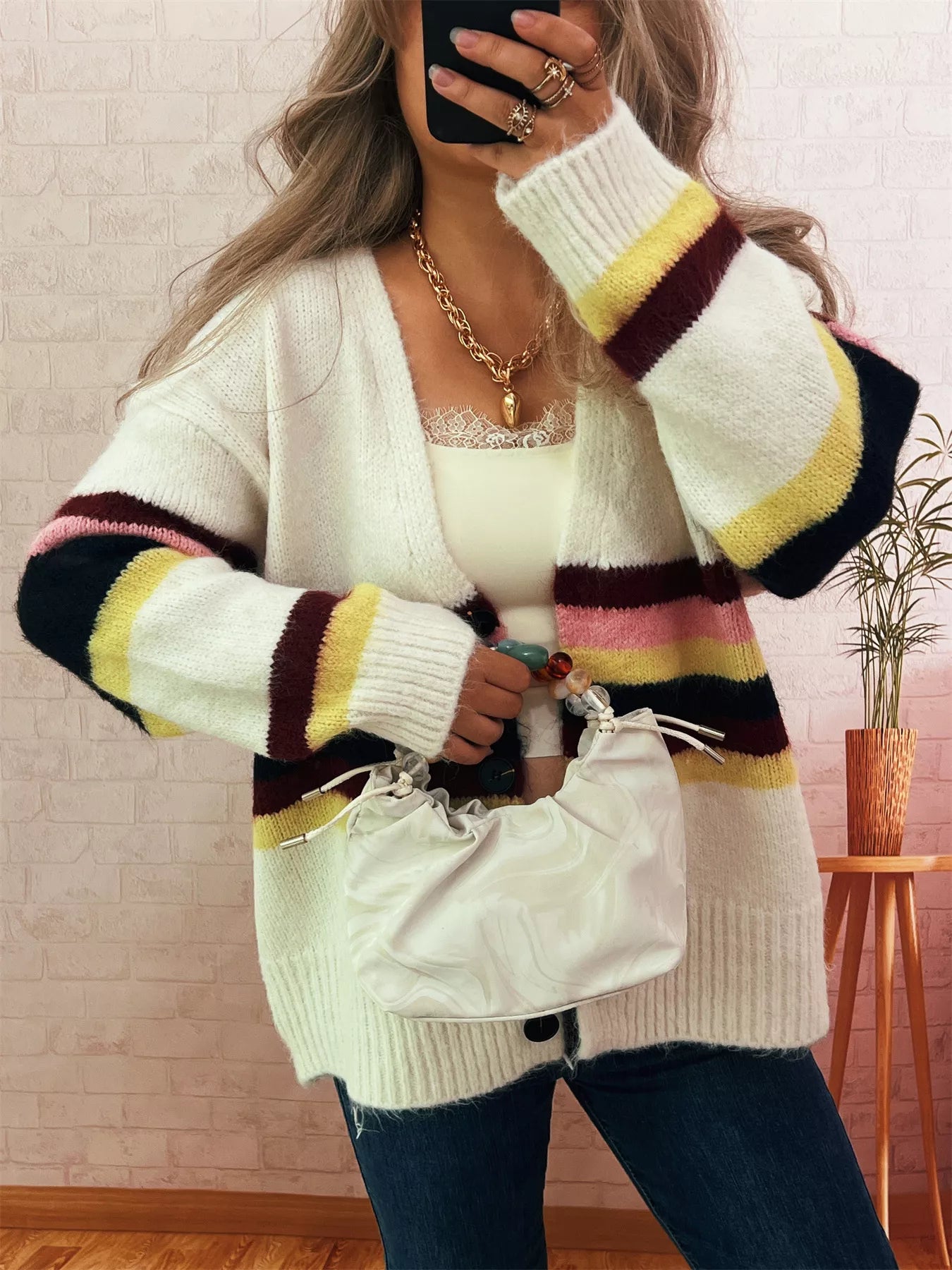 Ribbed Striped Button Down Cardigan