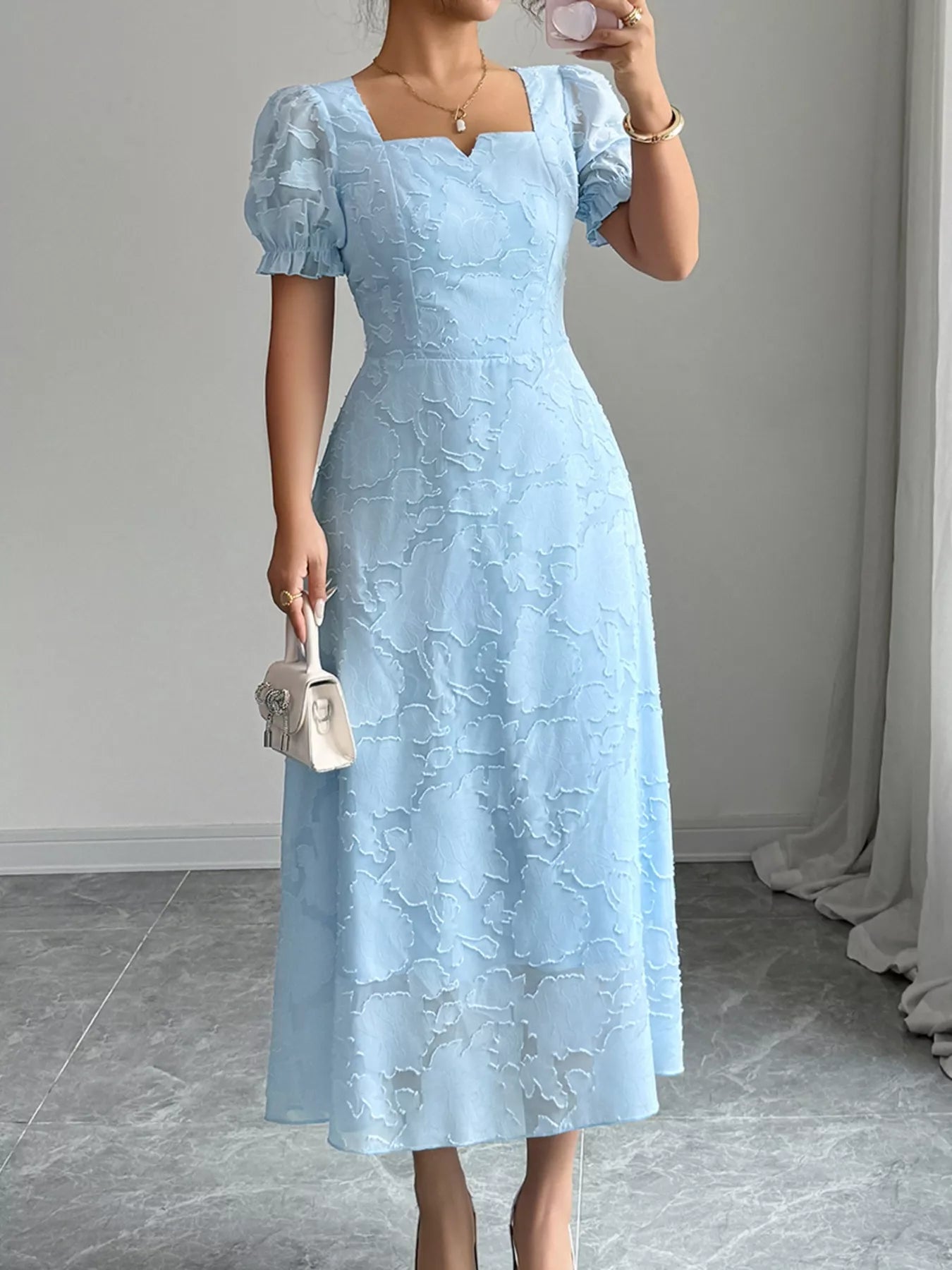 Floral Puff Sleeve Square Neck Midi Dress