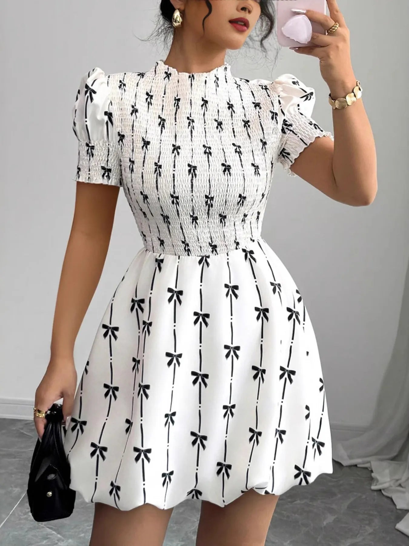 Smocked Bow Print Short Sleeve Dress