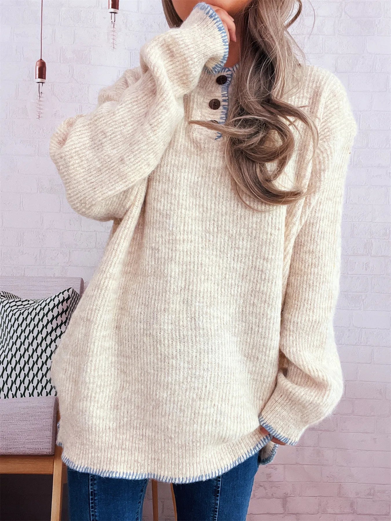 Ribbed Button Detail Long Sleeve Sweater
