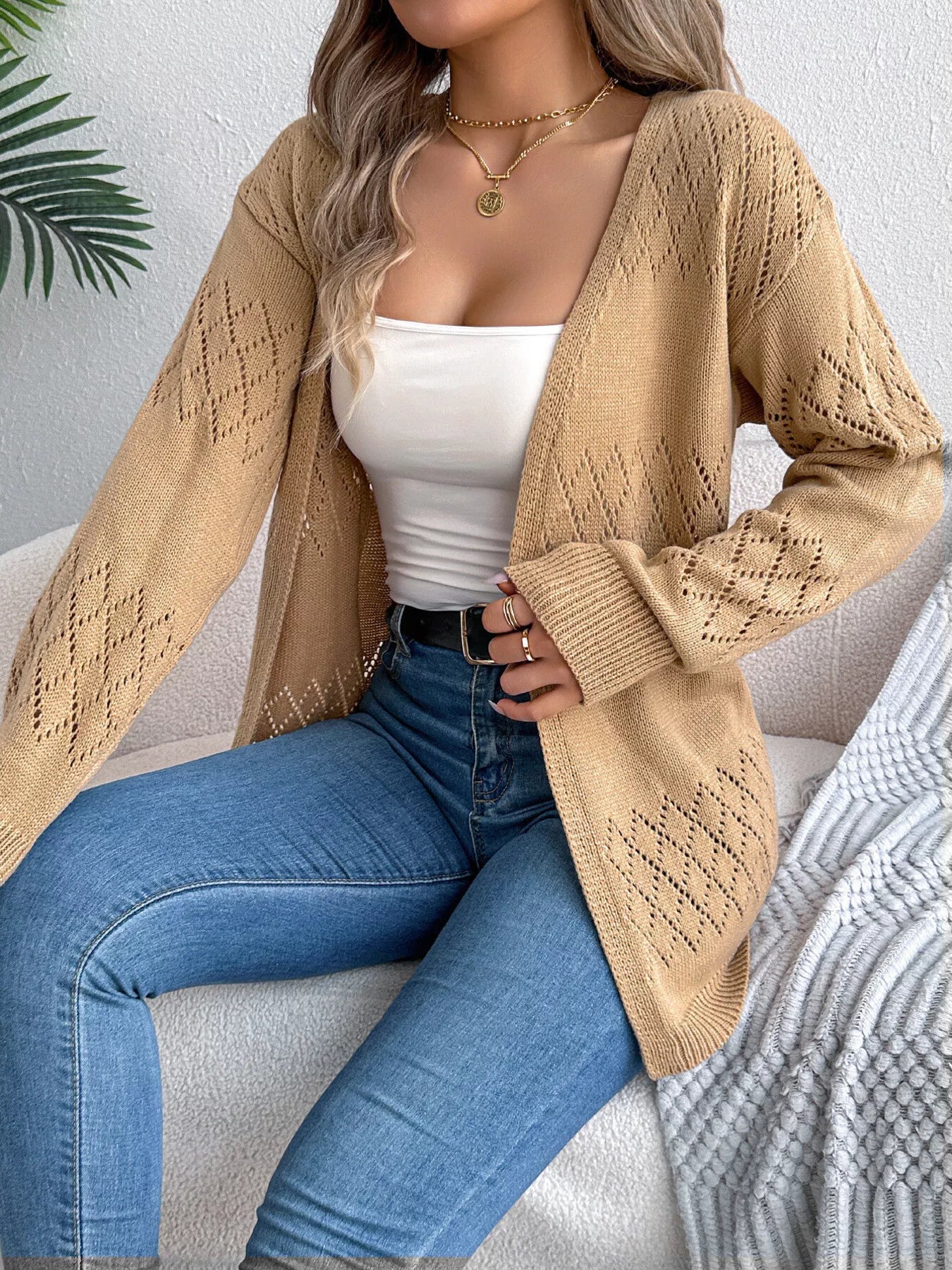 Openwork Open Front Long Sleeve Cardigan