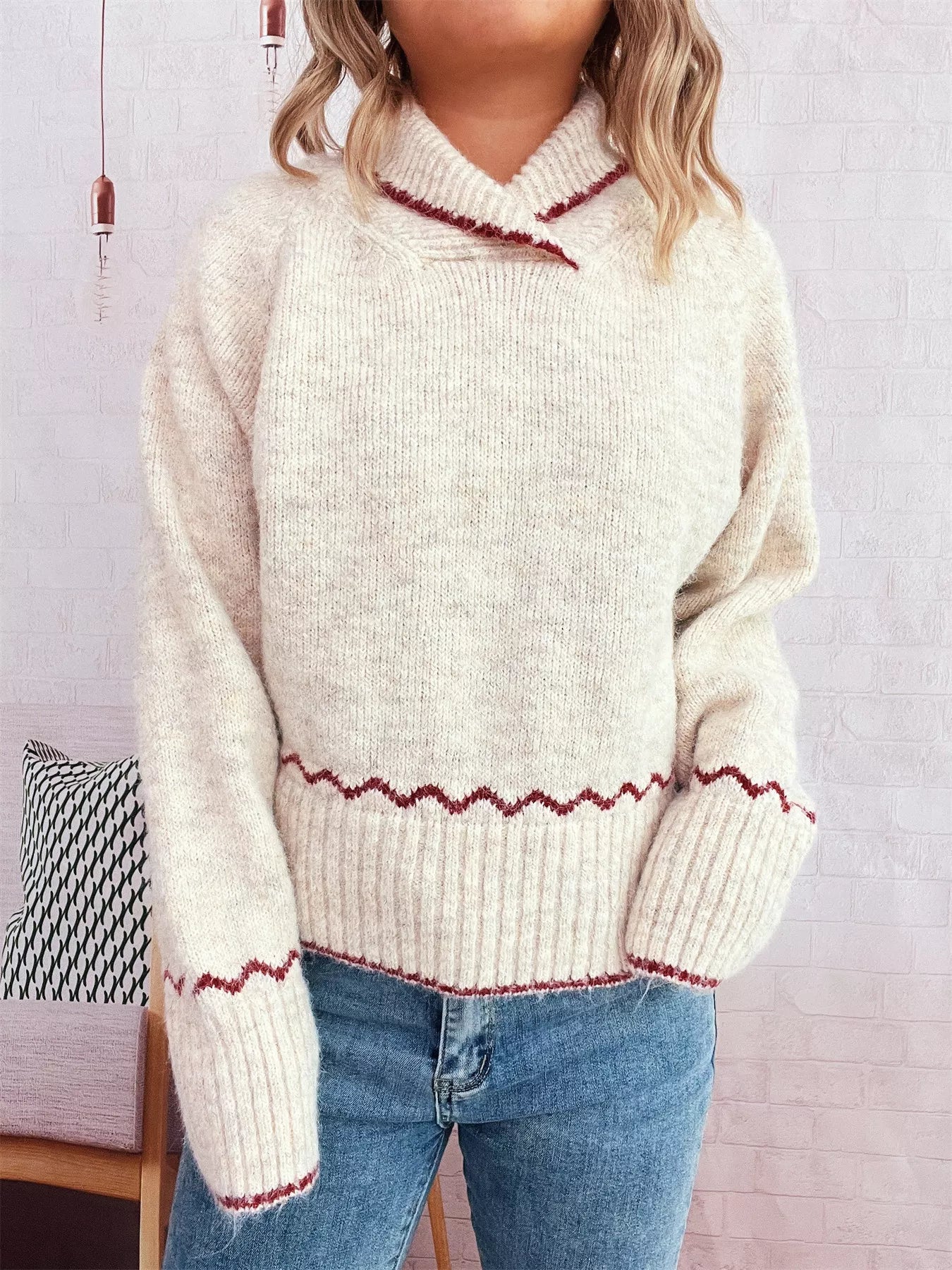 Ribbed Contrast Trim Long Sleeve Sweater