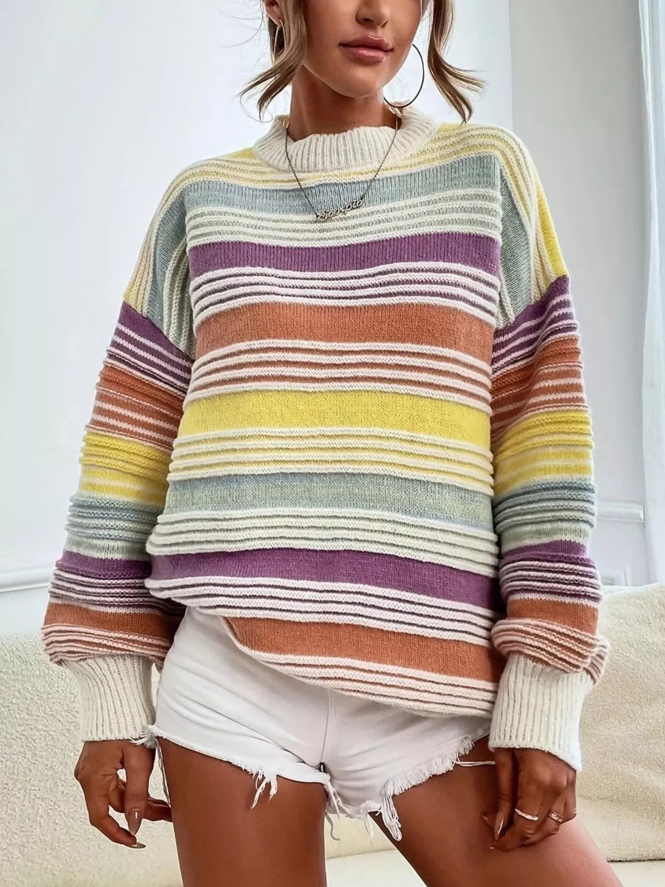 Rainbow Striped Drop Shoulder Oversized Sweater