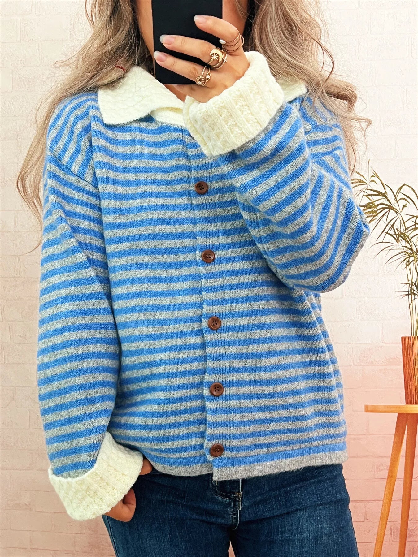 Striped Knit Button Down Cardigan with Collar