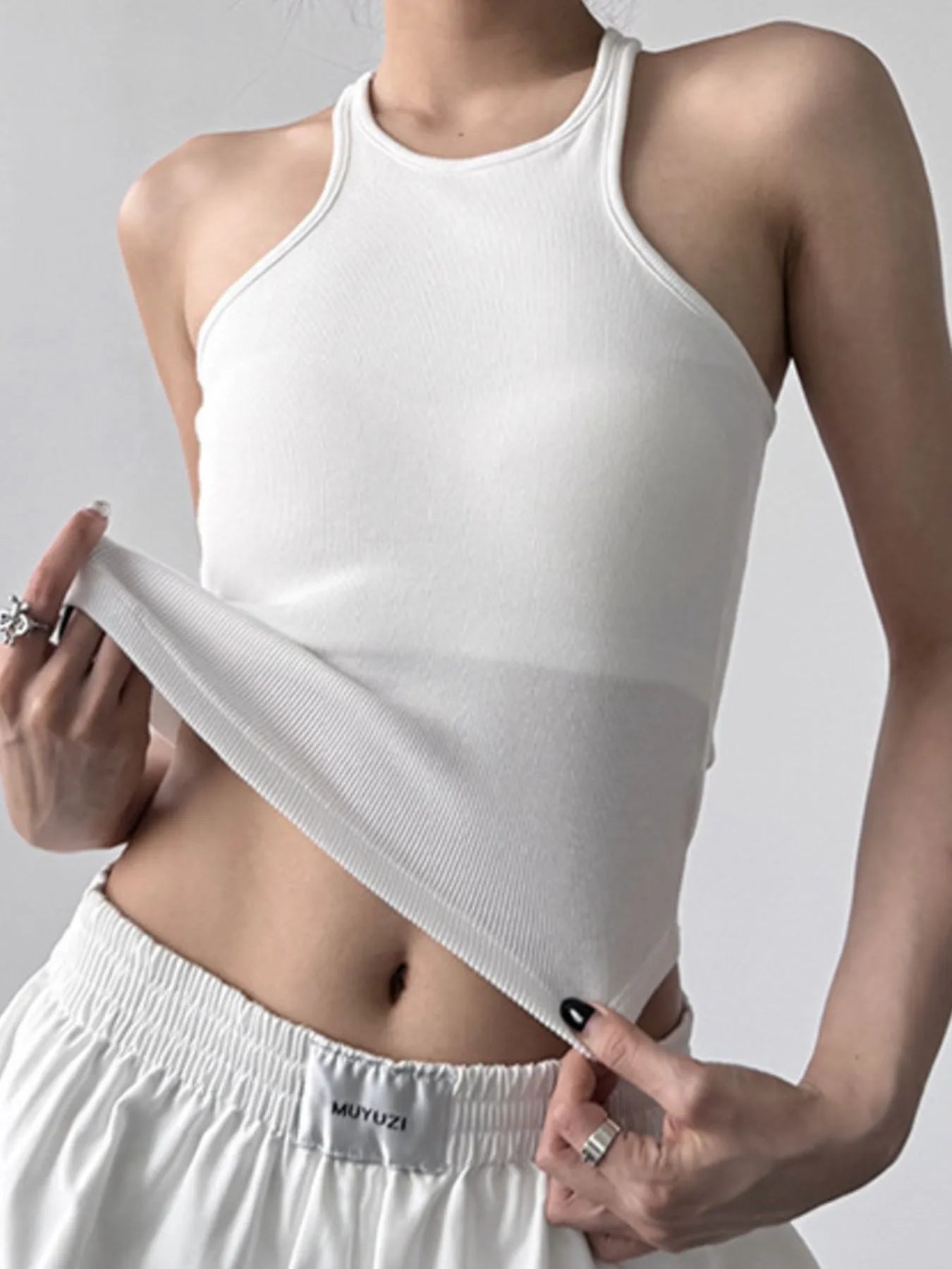 Ribbed Round Neck Crop Tank Top