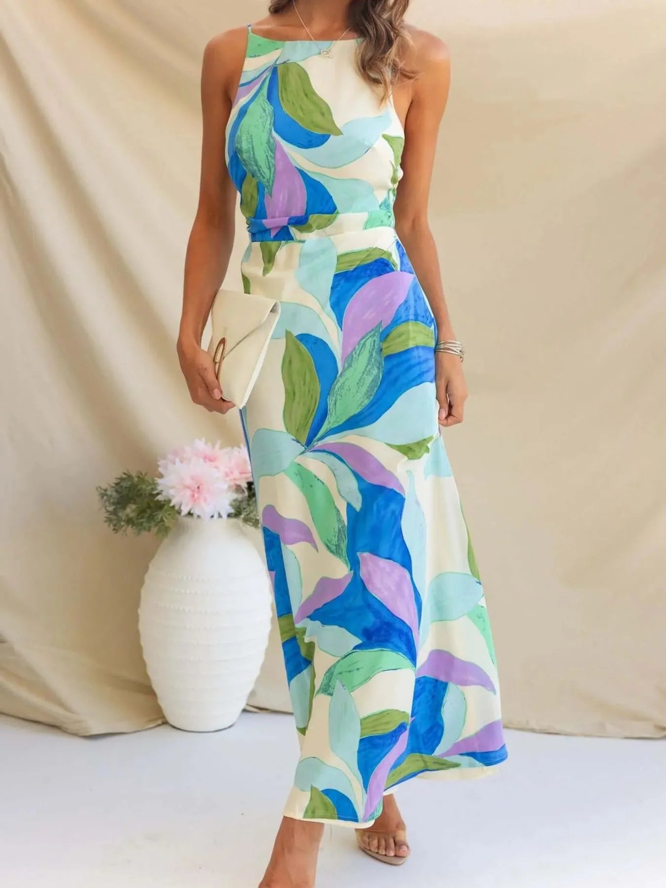 Printed Backless Sleeveless Maxi Dress