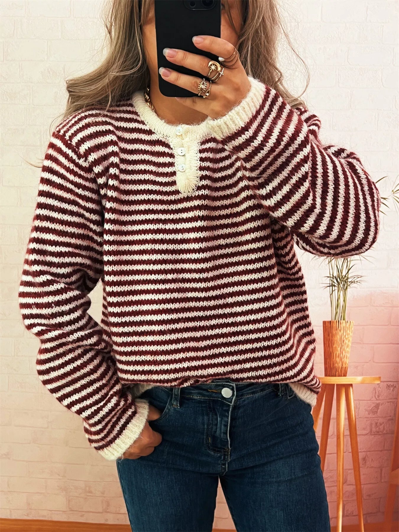 Striped Button Detail Long Sleeve Sweater