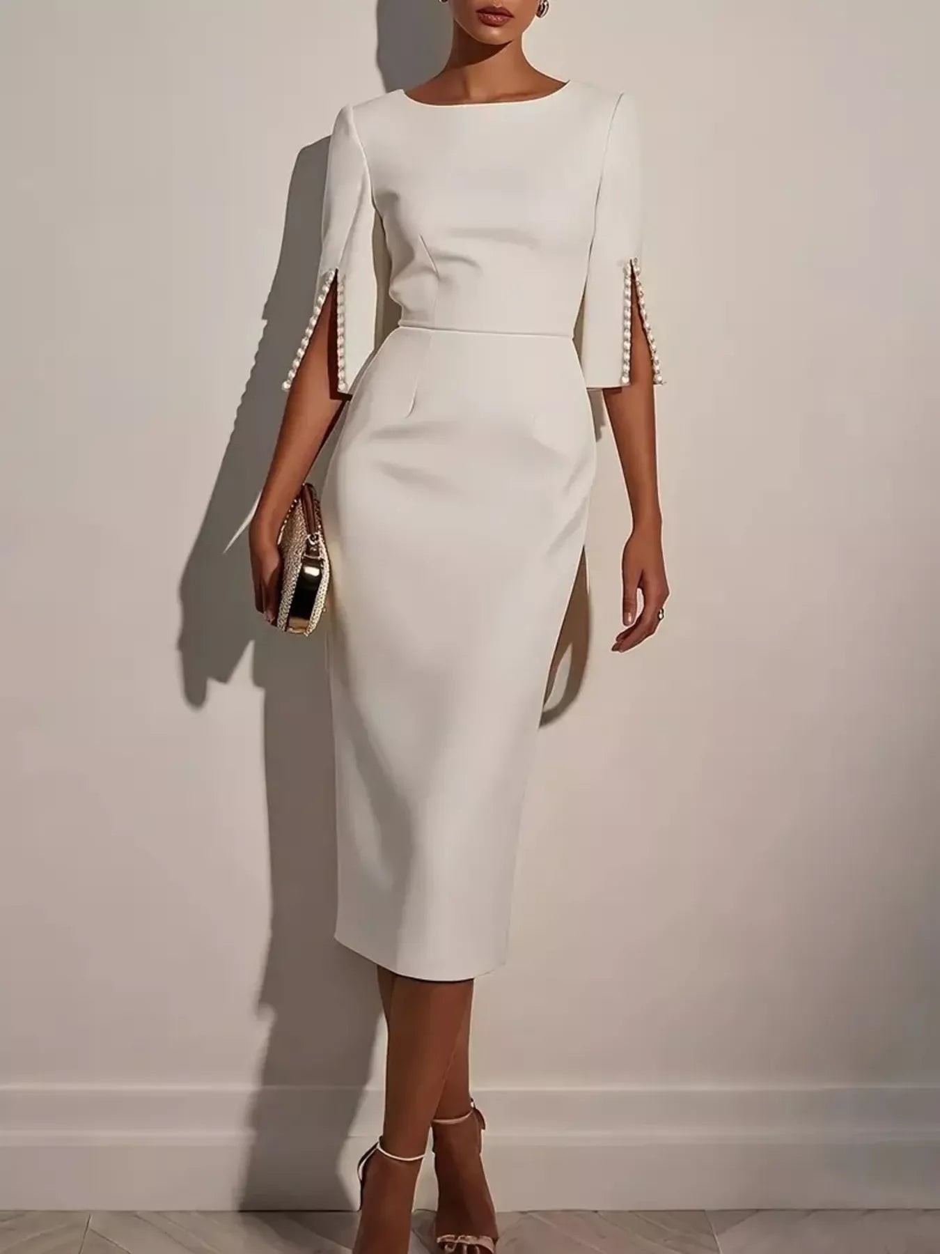 Slim-Fit Elegant Midi Dress with Beaded Slit Sleeve