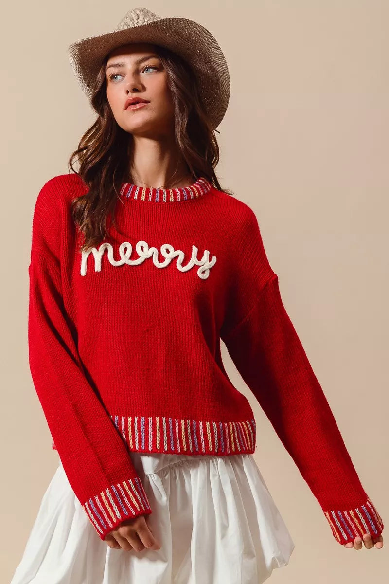 SO ME Merry Lettering Embroidered Christmas Sweater