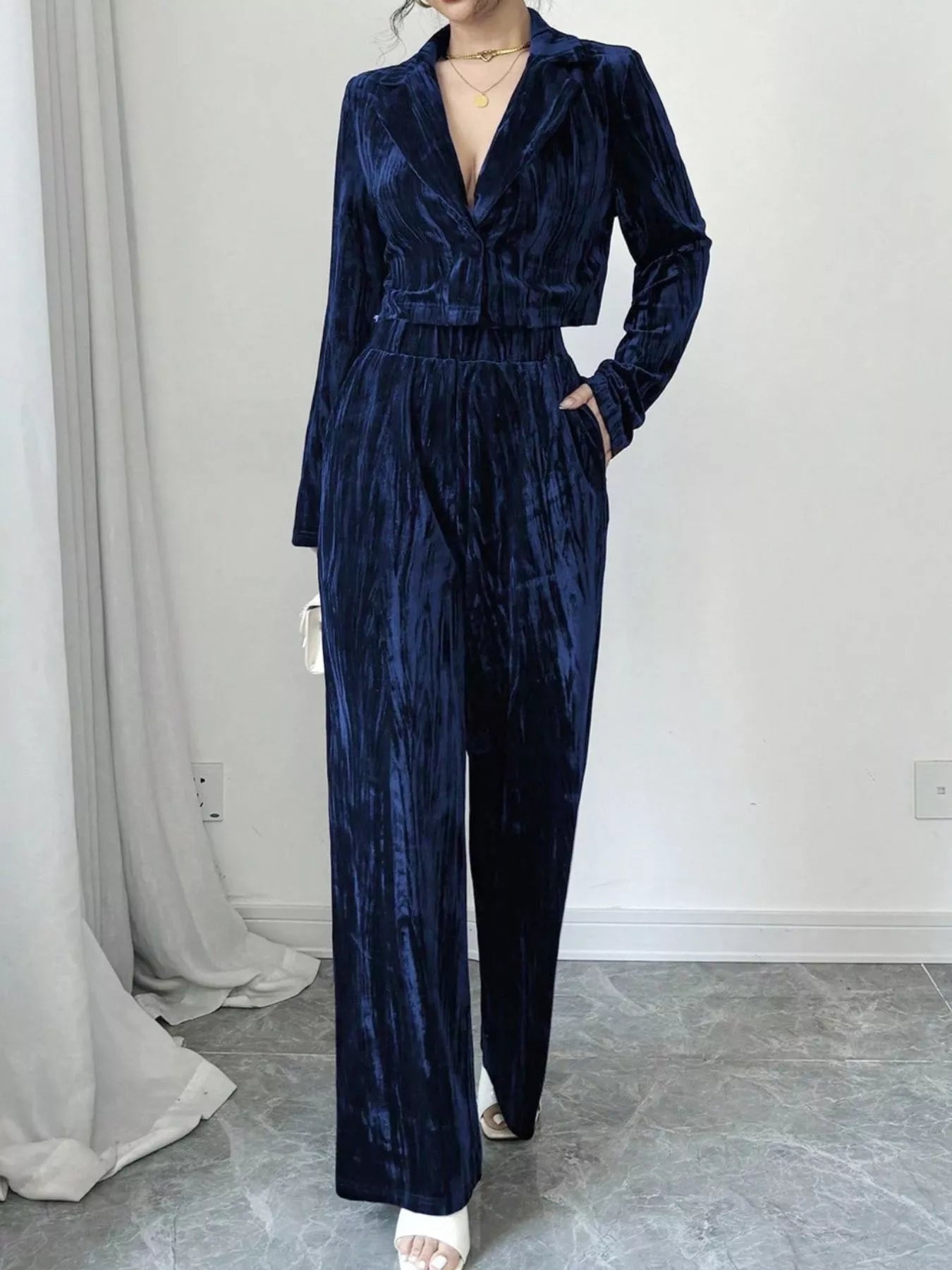 Pleated Velvet Blazer & Wide Leg Pants Set