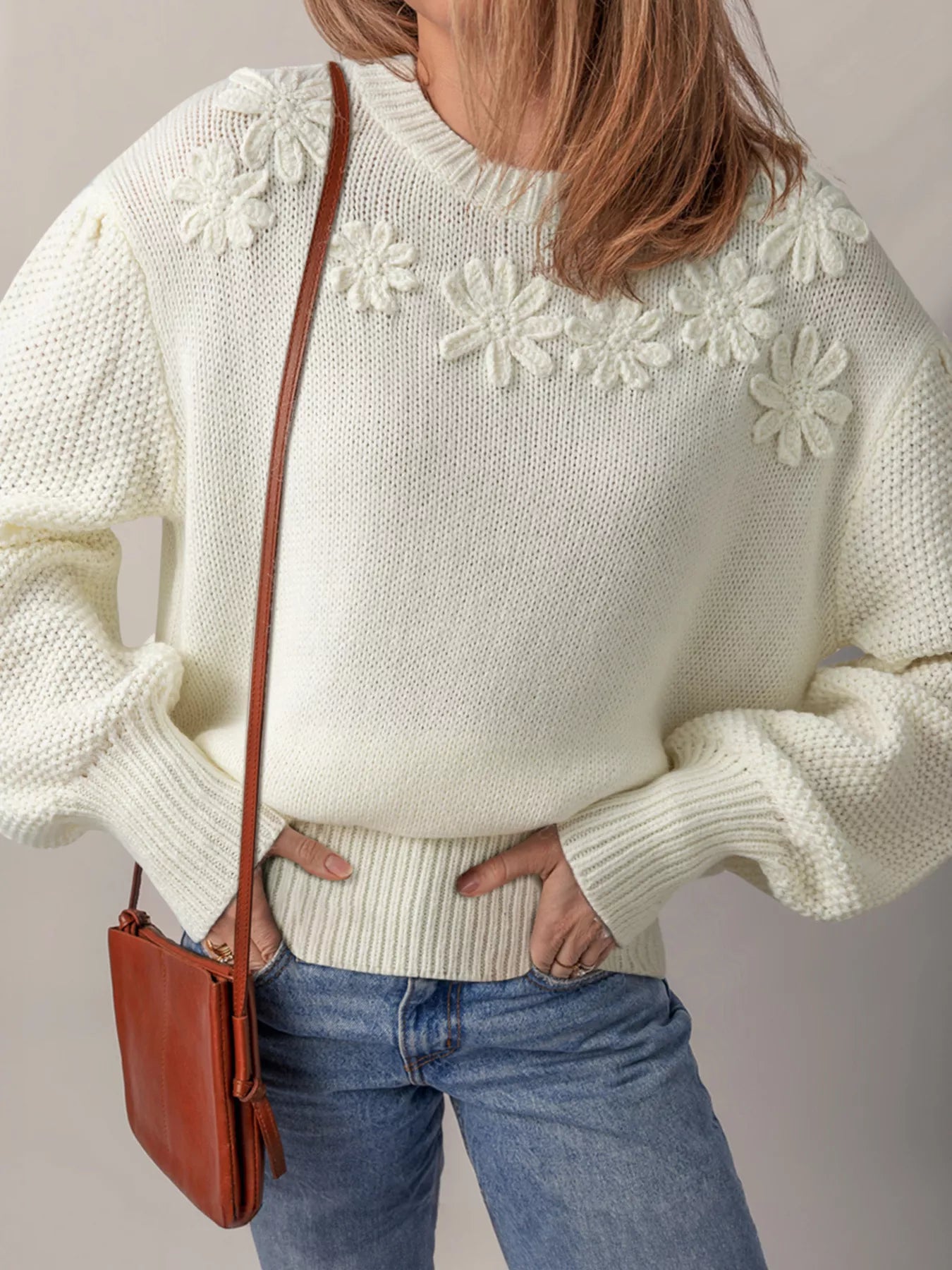 Flower Detail Round Neck Contrast Textured Puff Sleeve Sweater