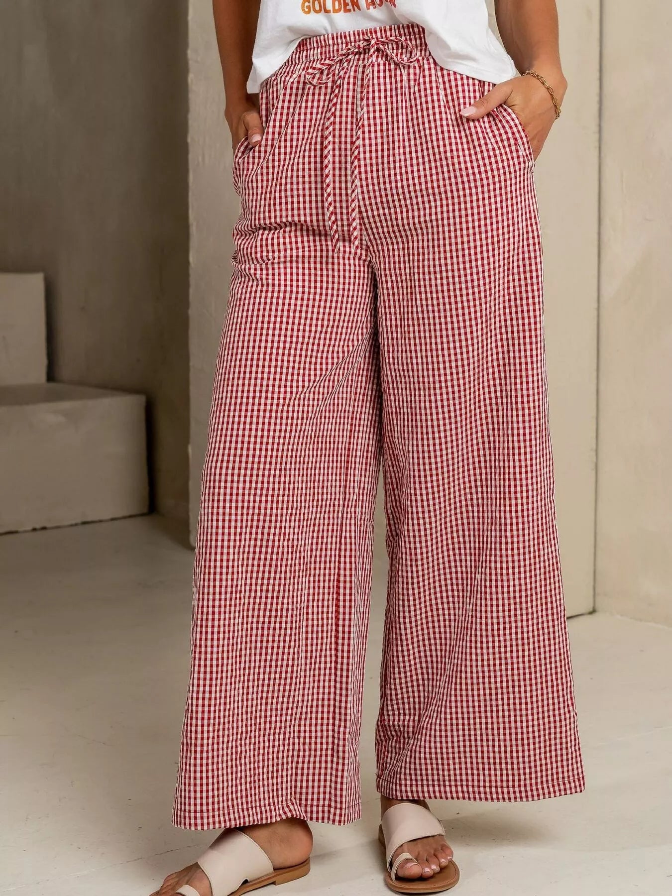 Gingham Print Wide Leg Casual Pants