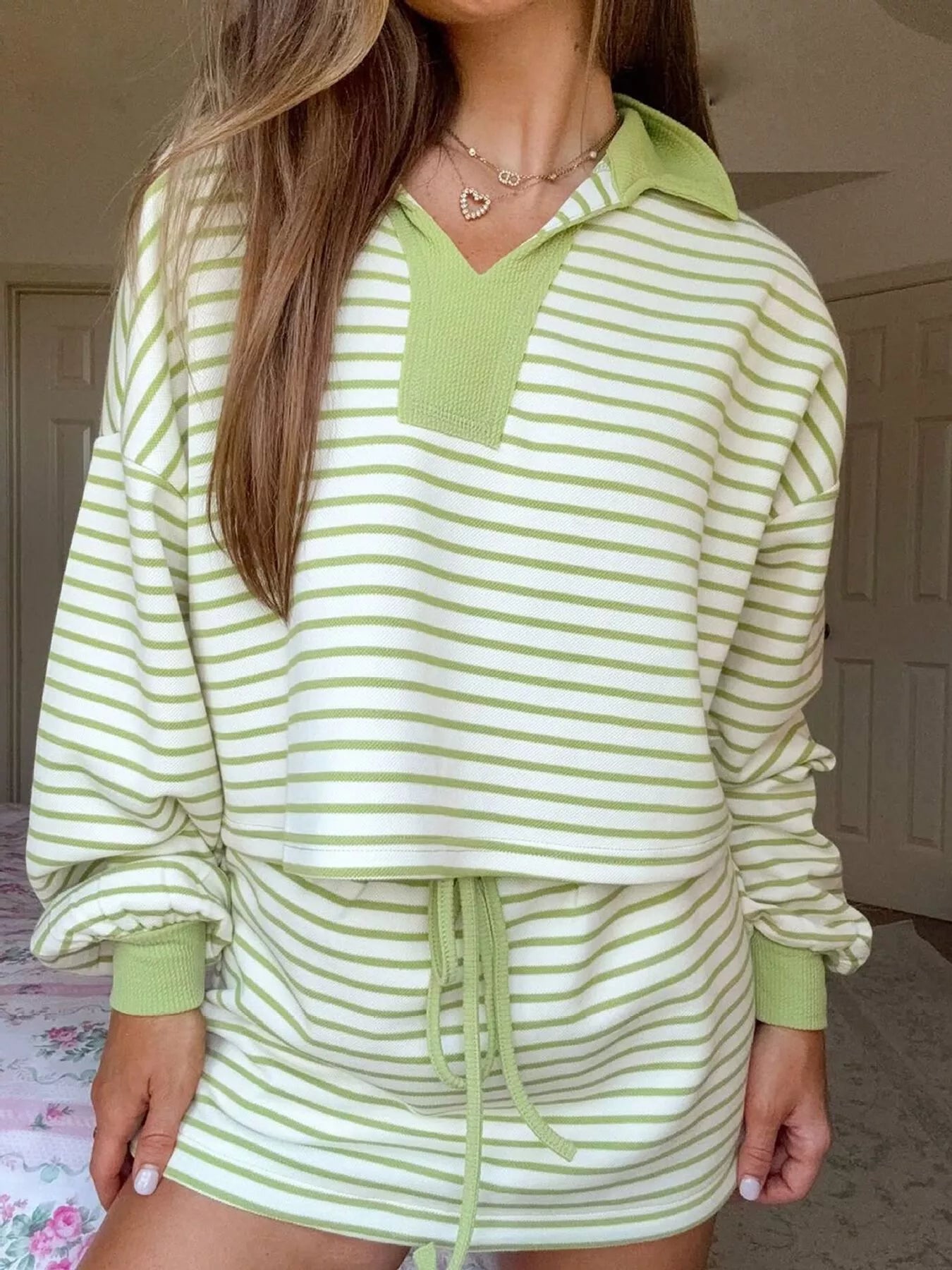 Striped Dropped Shoulder Top and Skirt Set