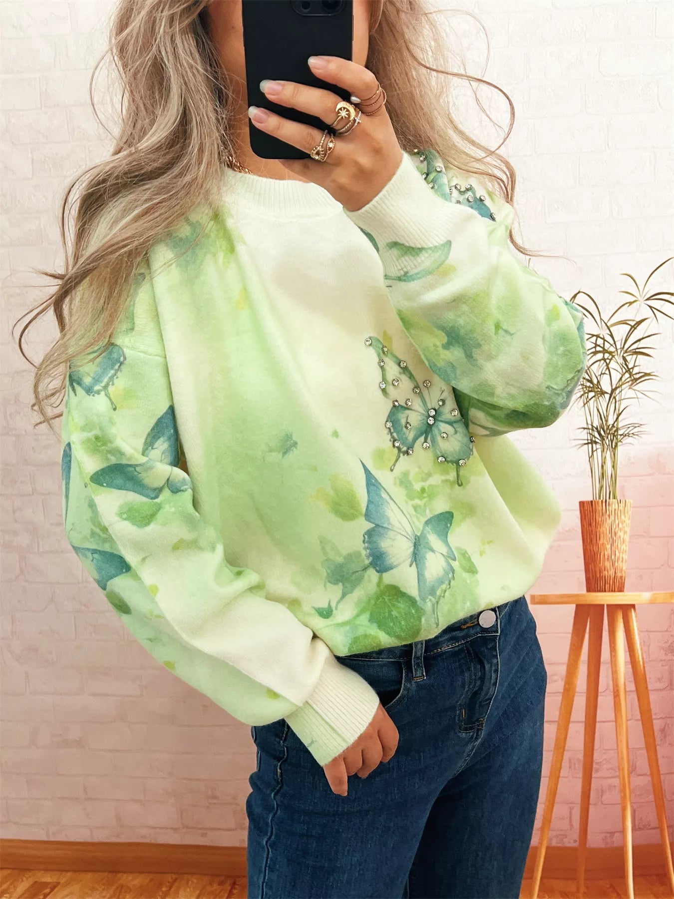 Butterfly Round Neck Lightweight Sweater
