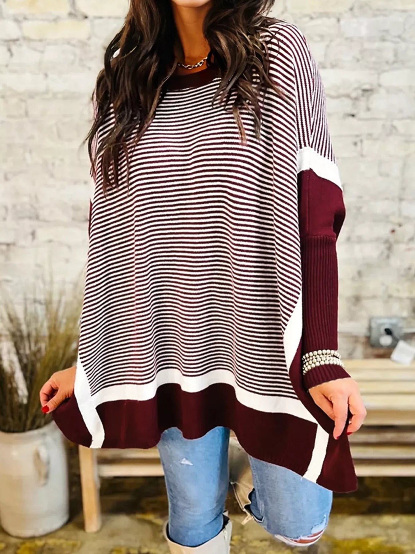 Stripe Color Block Patchwork Dolman Oversize Tunic Sweater