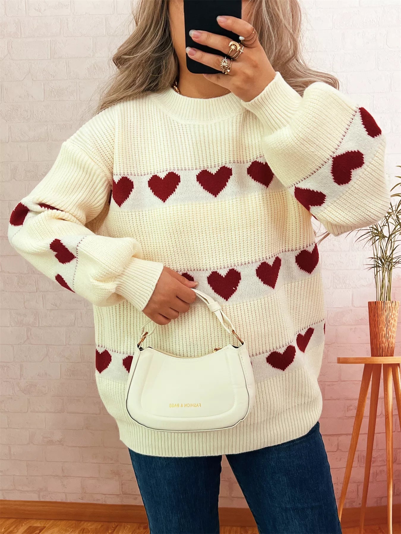 Heart Pattern Dropped Shoulder Sweater