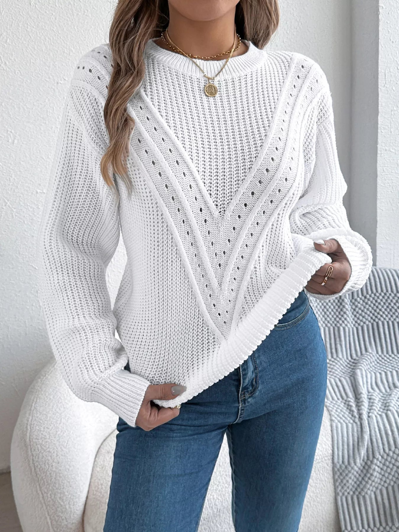 Openwork Round Neck Sweater