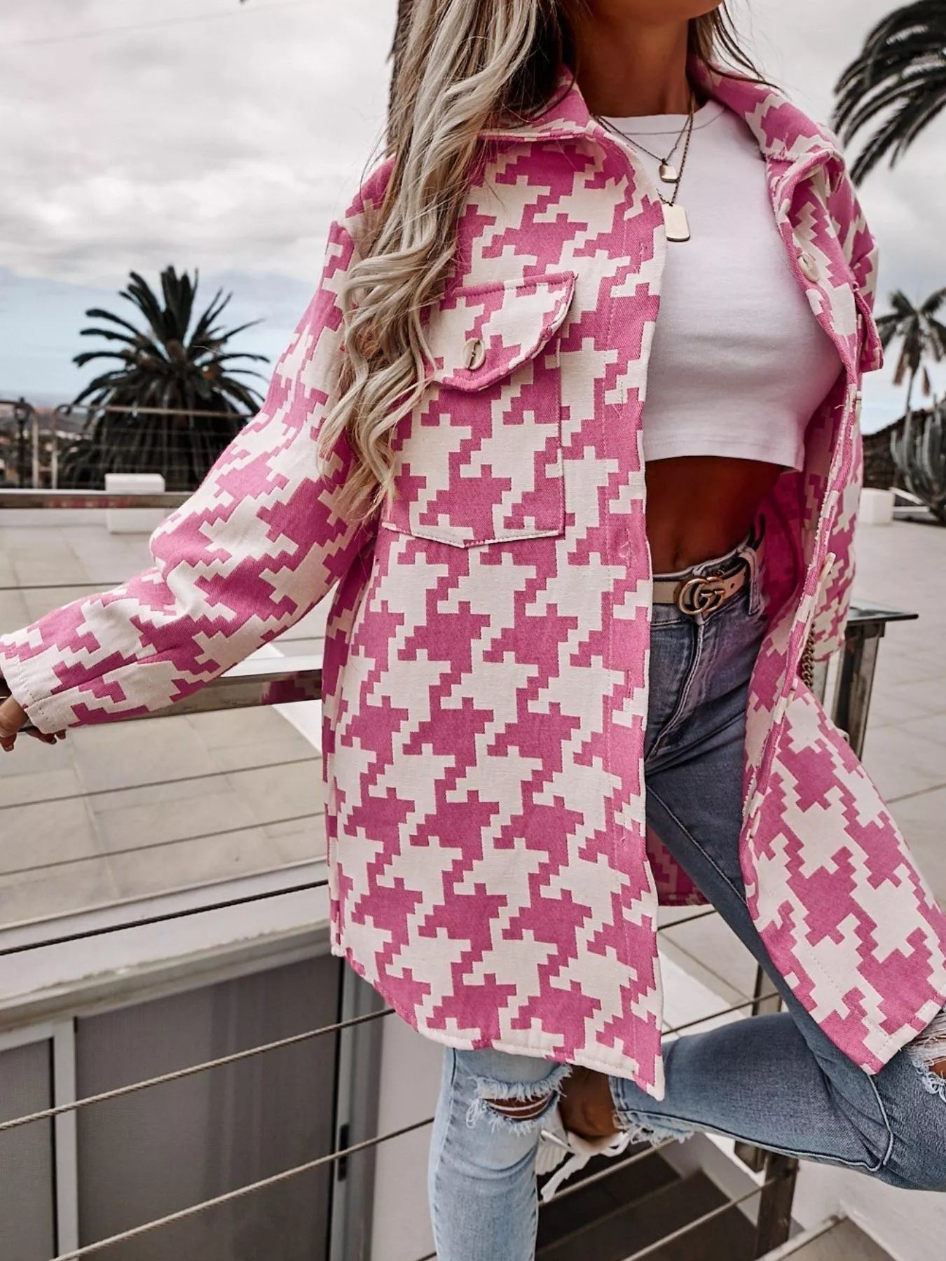 Houndstooth Button Up Long Sleeve Outerwear