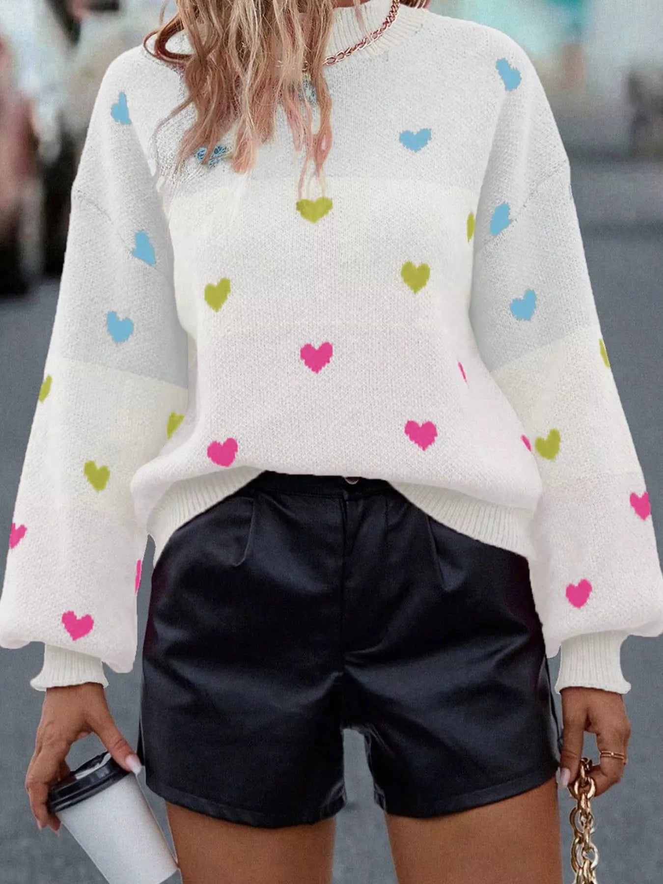 Multicolour Heart Pattern Dropped Shoulder Sweater