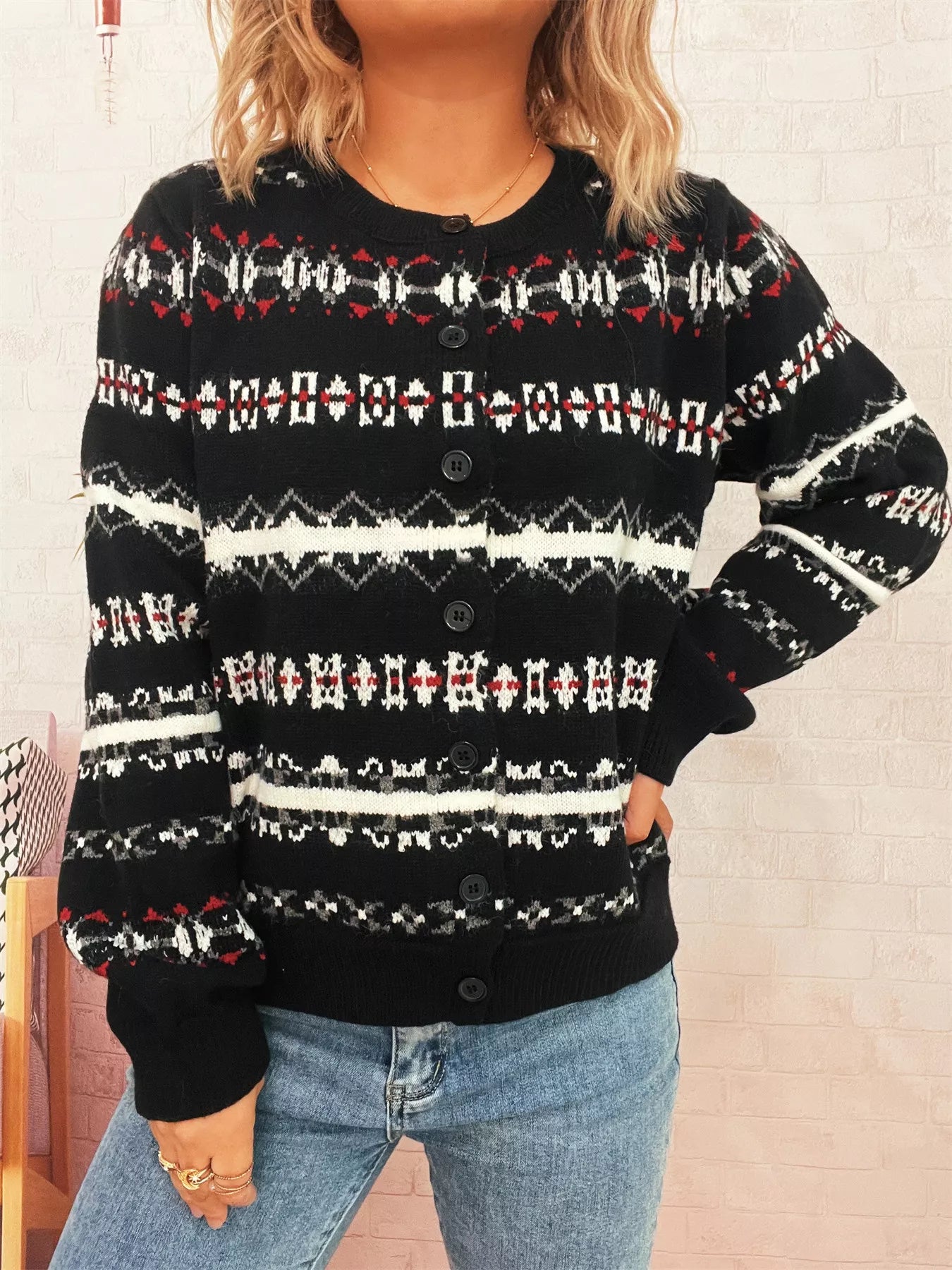 Vintage Pattern Button-Down Cardigan