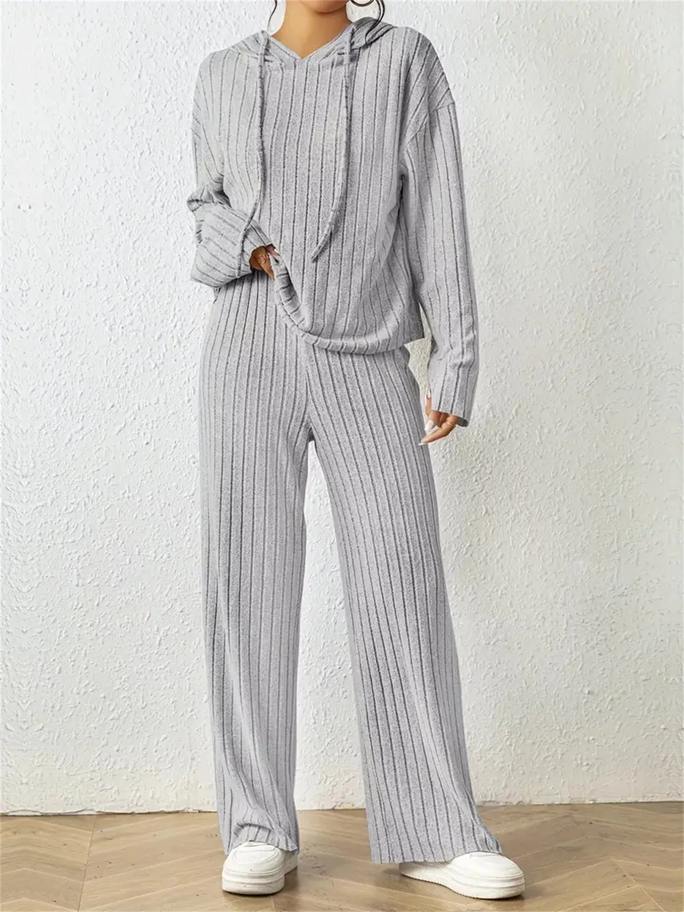 Ribbed Drawstring Hoodie and Pants Set