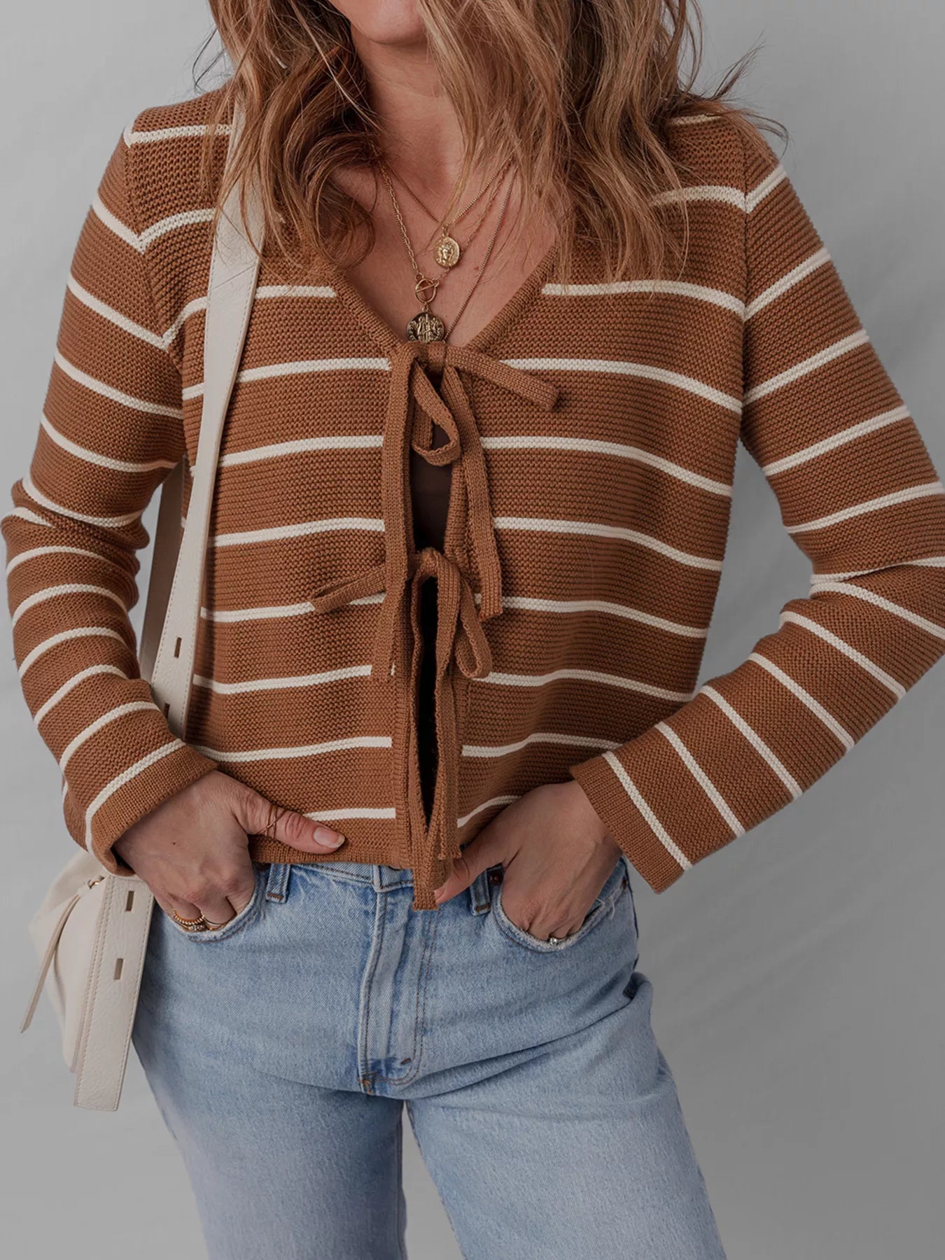 Tie Front Striped Knit V Neck Cardigan