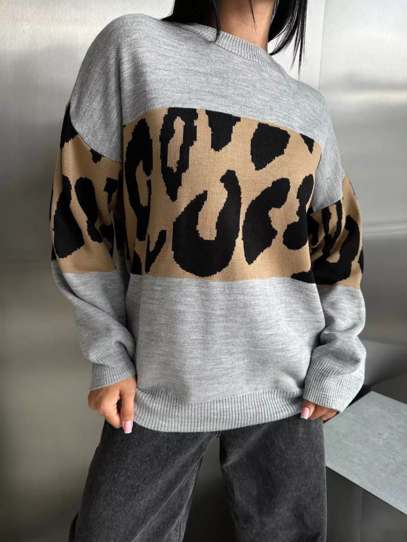 Leopard Color Block Round Neck Sweater