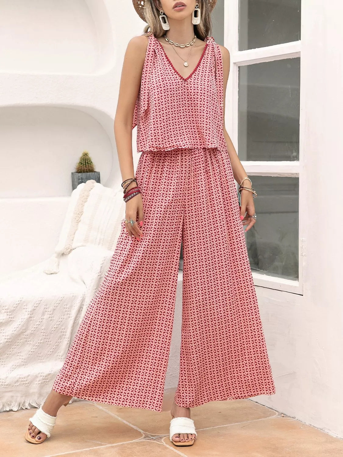 Gingham Tie Shoulder Top and Pants Set