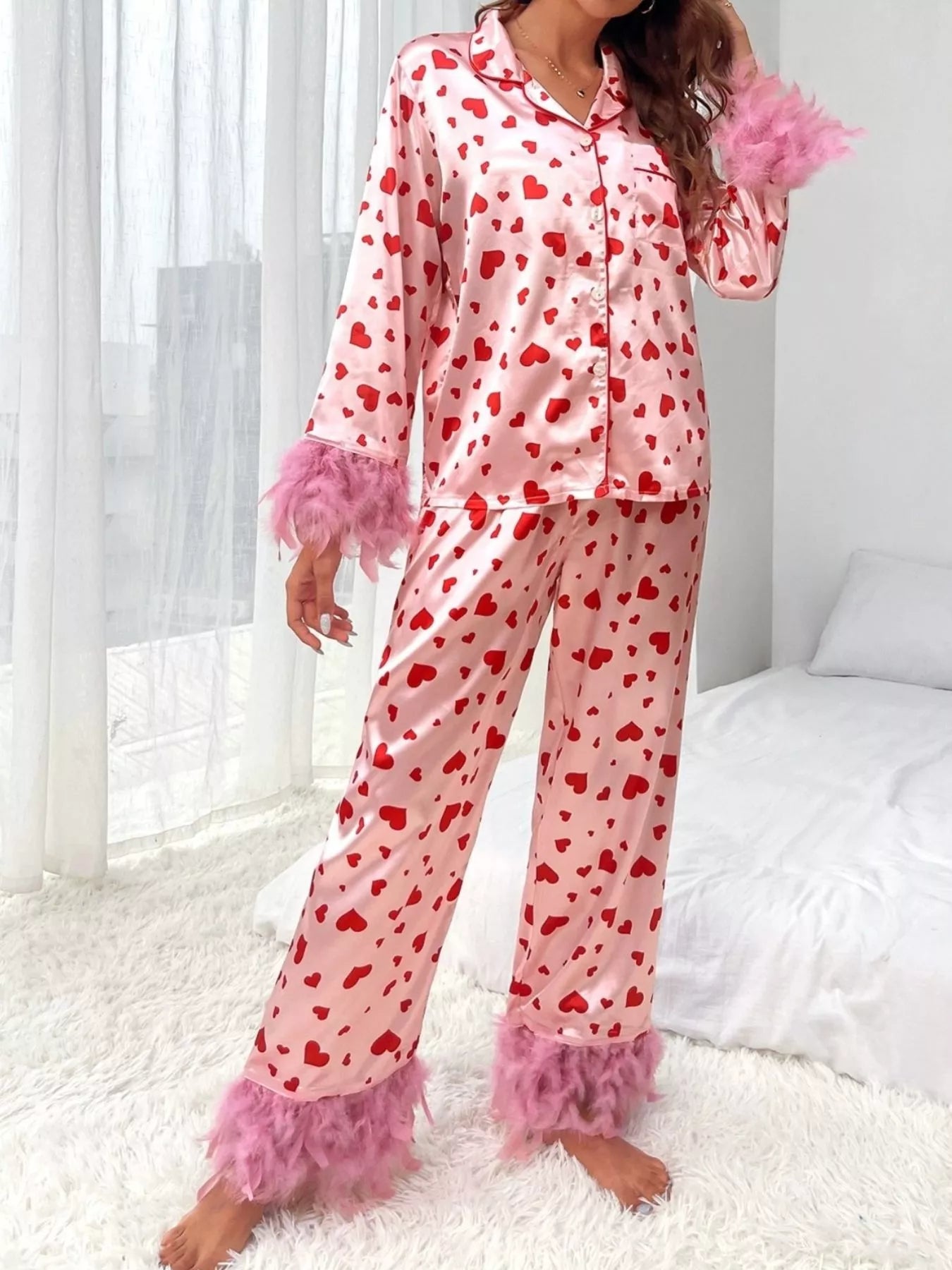 Heart Print Button Up Top and Pants Lounge Set